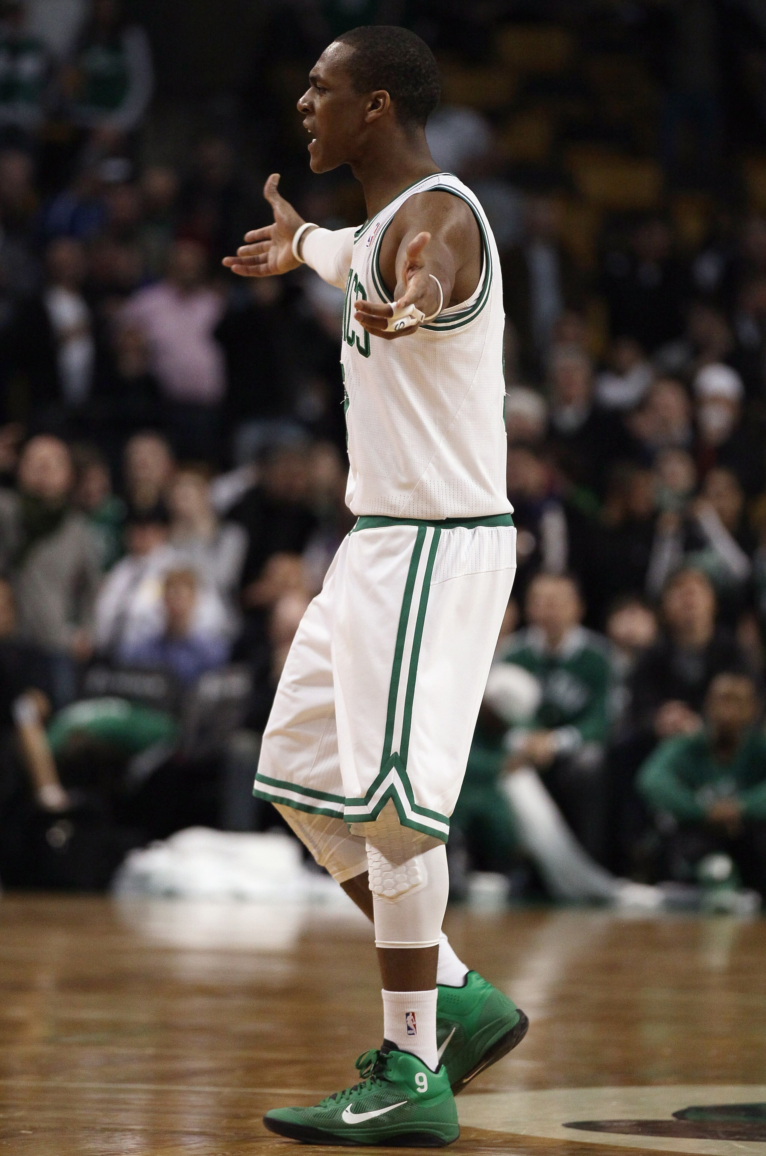 BOSTON, MA - MARCH 02:  Rajon Rondo #9 of the Boston Celtics reacts to a call in the second half against the Phoenix Suns  on March 2, 2011 at the TD Garden in Boston, Massachusetts.  The Celtics defeated the Suns 115-103. NOTE TO USER: User expressly ack