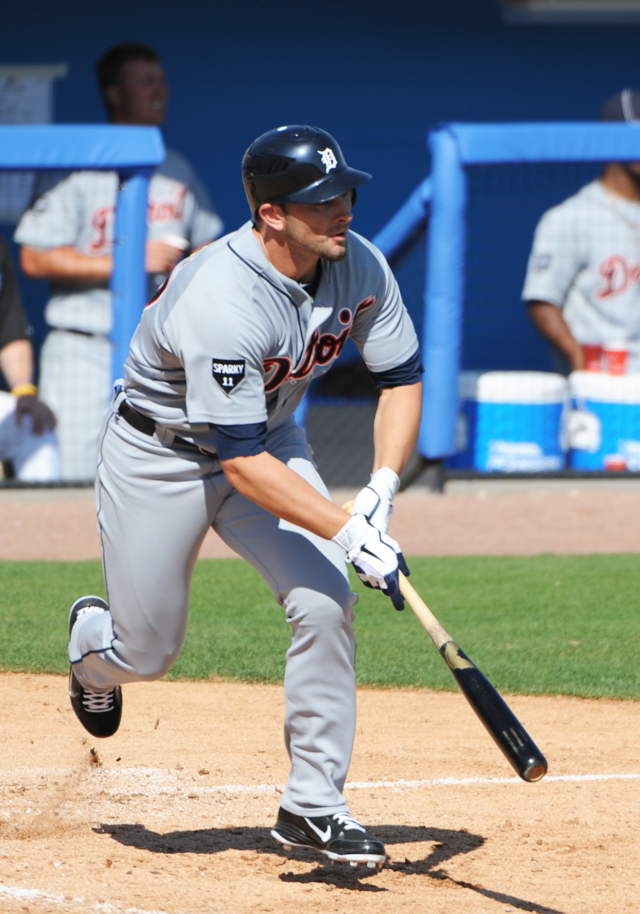 DUNEDIN, FL - FEBRUARY 26:  Outfielder Casper Wells #57 of the Detroit Tigers bats against the Toronto Blue Jays February 26, 2011 at Florida Auto Exchange Stadium in Dunedin, Florida.  (Photo by Al Messerschmidt/Getty Images)