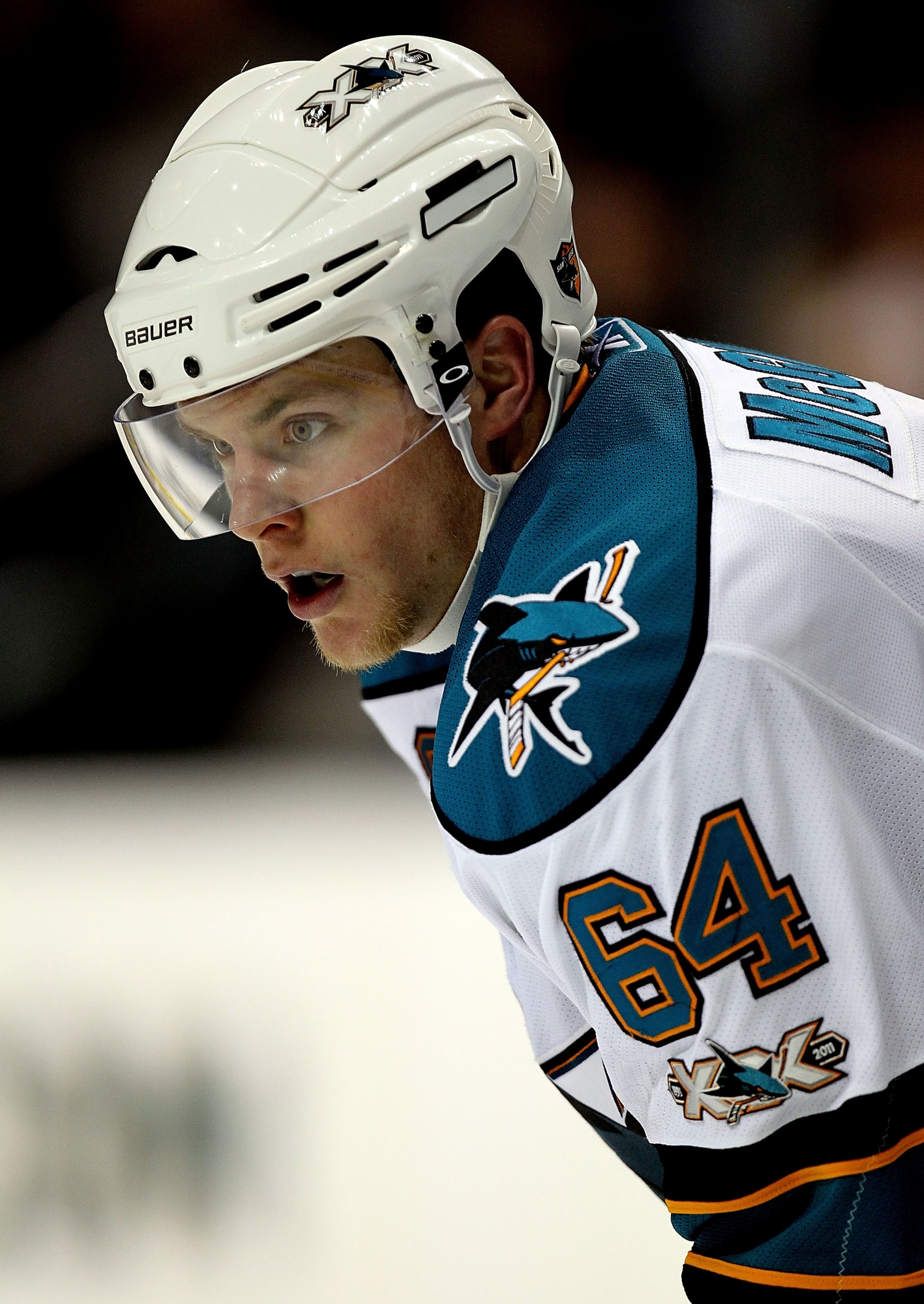DALLAS, TX - DECEMBER 16:  Left wing Jamie McGinn #64 of the San Jose Sharks on December 16, 2010 in Dallas, Texas.  (Photo by Ronald Martinez/Getty Images)