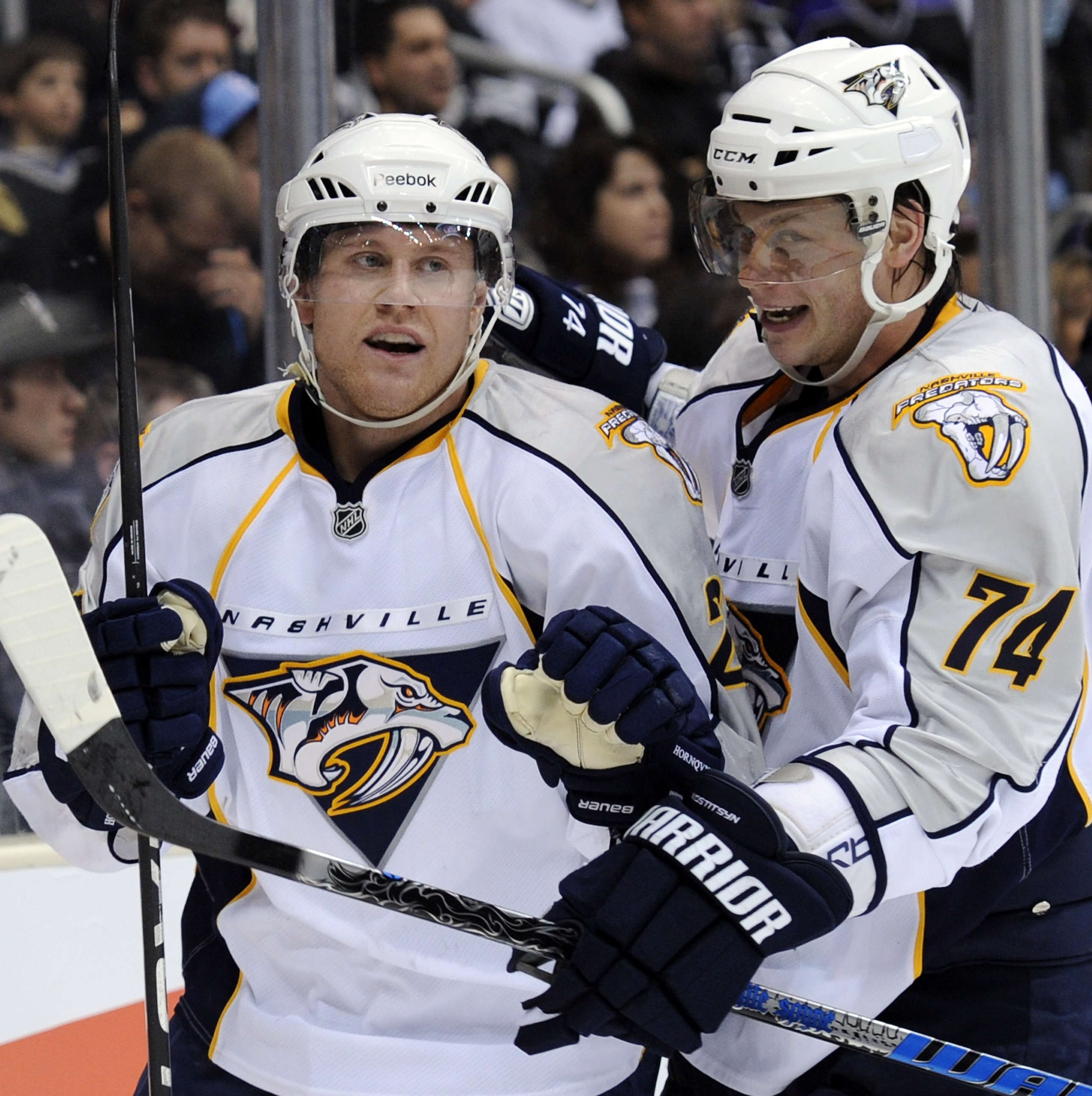 LOS ANGELES, CA - JANUARY 06:  Patric Hornqvist #27 of the Nashville Predators celebrates his goal with Sergei Kostitsyn #74 for a 5-2 lead over the Los Angeles Kings during the third period at the Staples Center on January 6, 2011 in Los Angeles, Califor