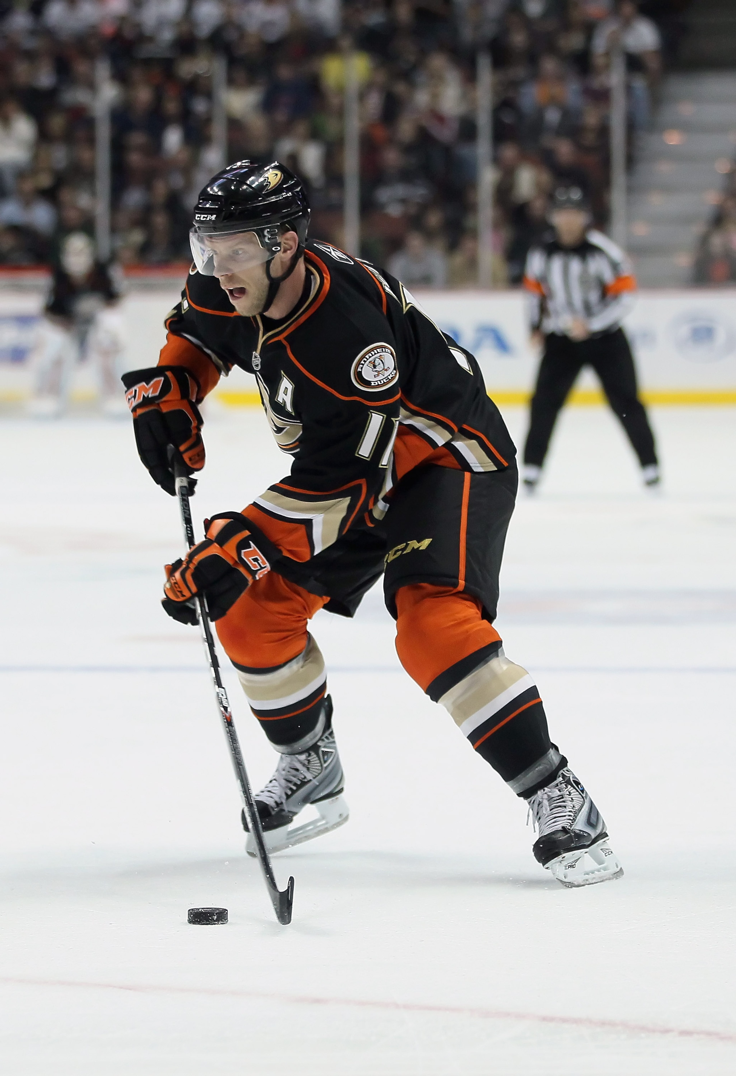 ANAHEIM, CA - JANUARY 16:  Saku Koivu #11 of the Anaheim Ducks skates against the Edmonton Oilers at the Honda Center on January 16, 2011 in Anaheim, California.  (Photo by Jeff Gross/Getty Images)