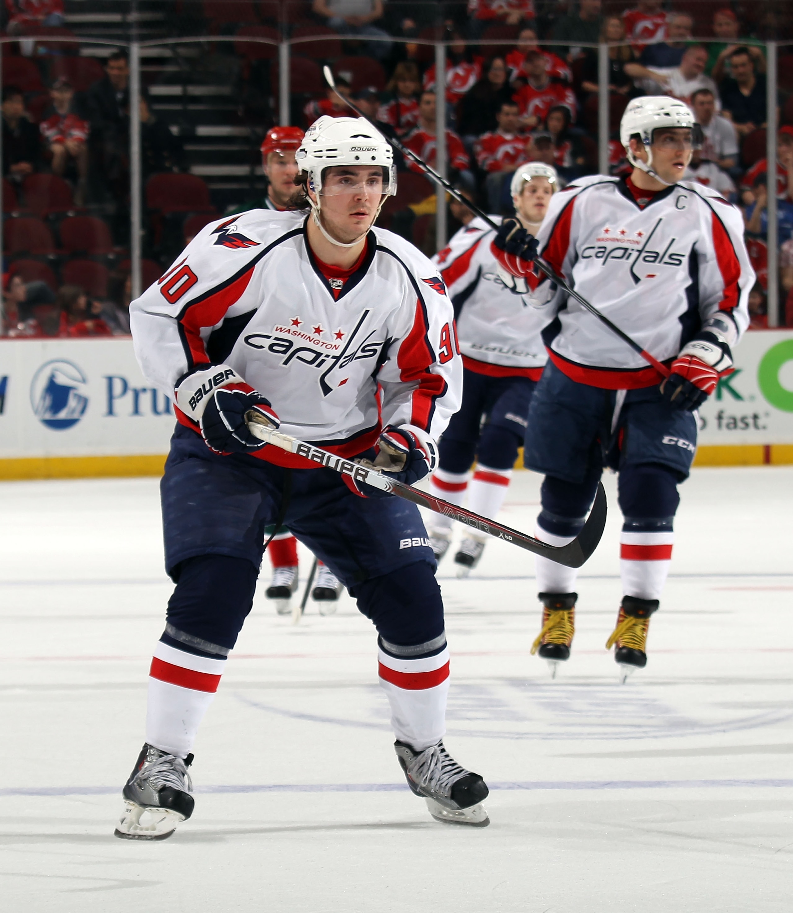 NEWARK, NJ - MARCH 18: Marcus Johansson #90 of the Washington Capitals skates against the New Jersey Devils at the Prudential Center on March 18, 2011 in Newark, New Jersey. The Capitals shut out the Devils 3-0.  (Photo by Bruce Bennett/Getty Images)