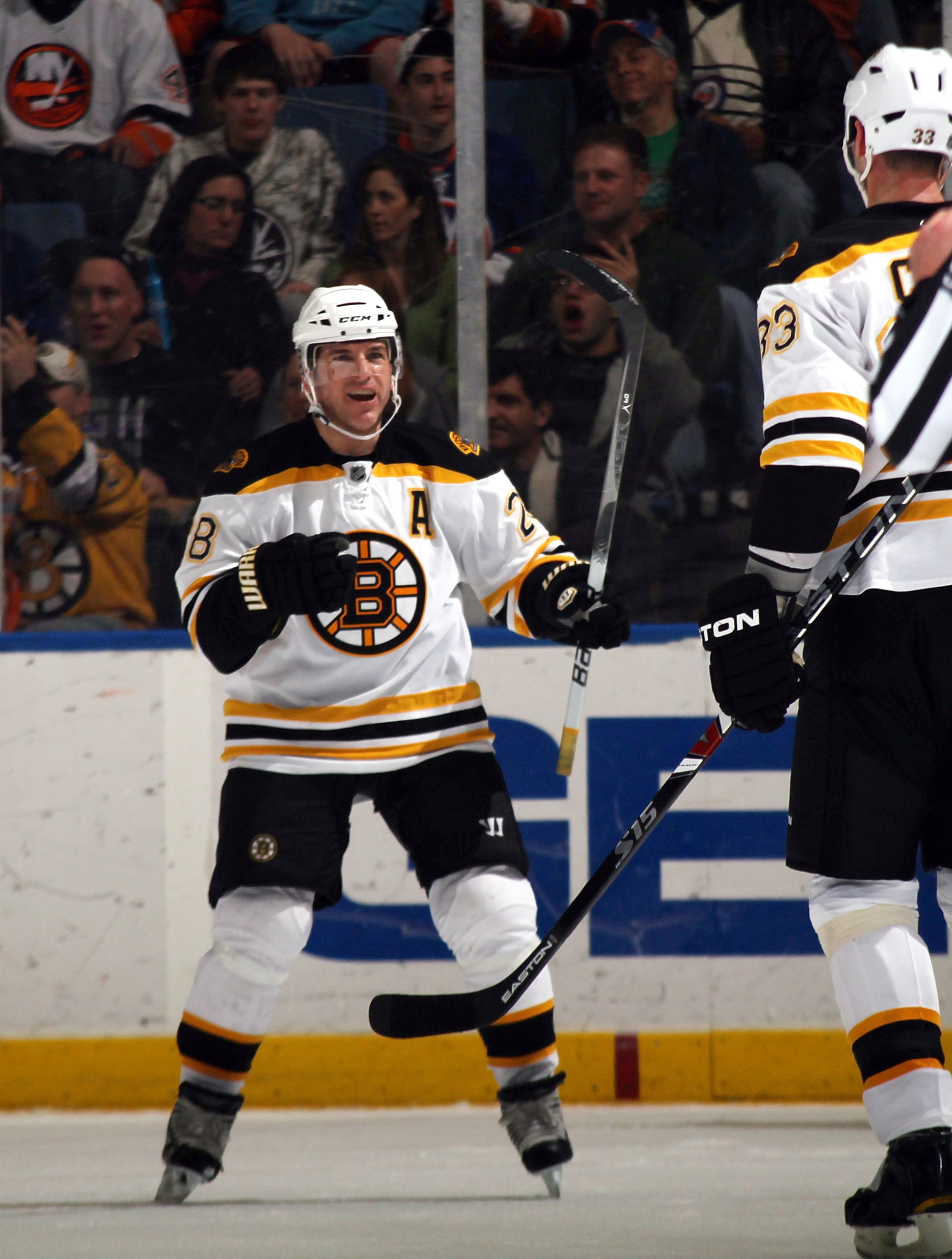 UNIONDALE, NY - MARCH 11: Mark Recchi #28 of the Boston Bruins celebrates a second period power play goal by Zdeno Chara #33 in their game against the New York Islanders at the Nassau Coliseum on March 11, 2011 in Uniondale, New York.  (Photo by Bruce Ben
