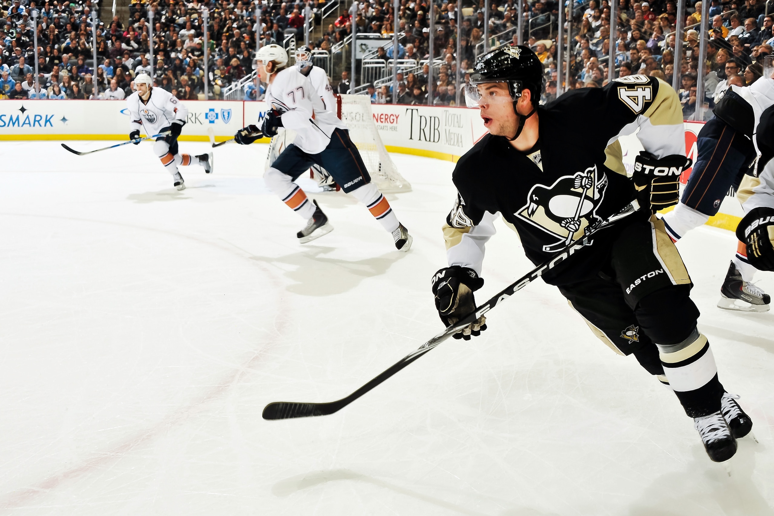 PITTSBURGH, PA - MARCH 13:  Tyler Kennedy #48 of the Pittsburgh Penguins skates against the Edmonton Oilers on March 13, 2011 at CONSOL Energy Center in Pittsburgh, Pennsylvania.  (Photo by Jamie Sabau/Getty Images)