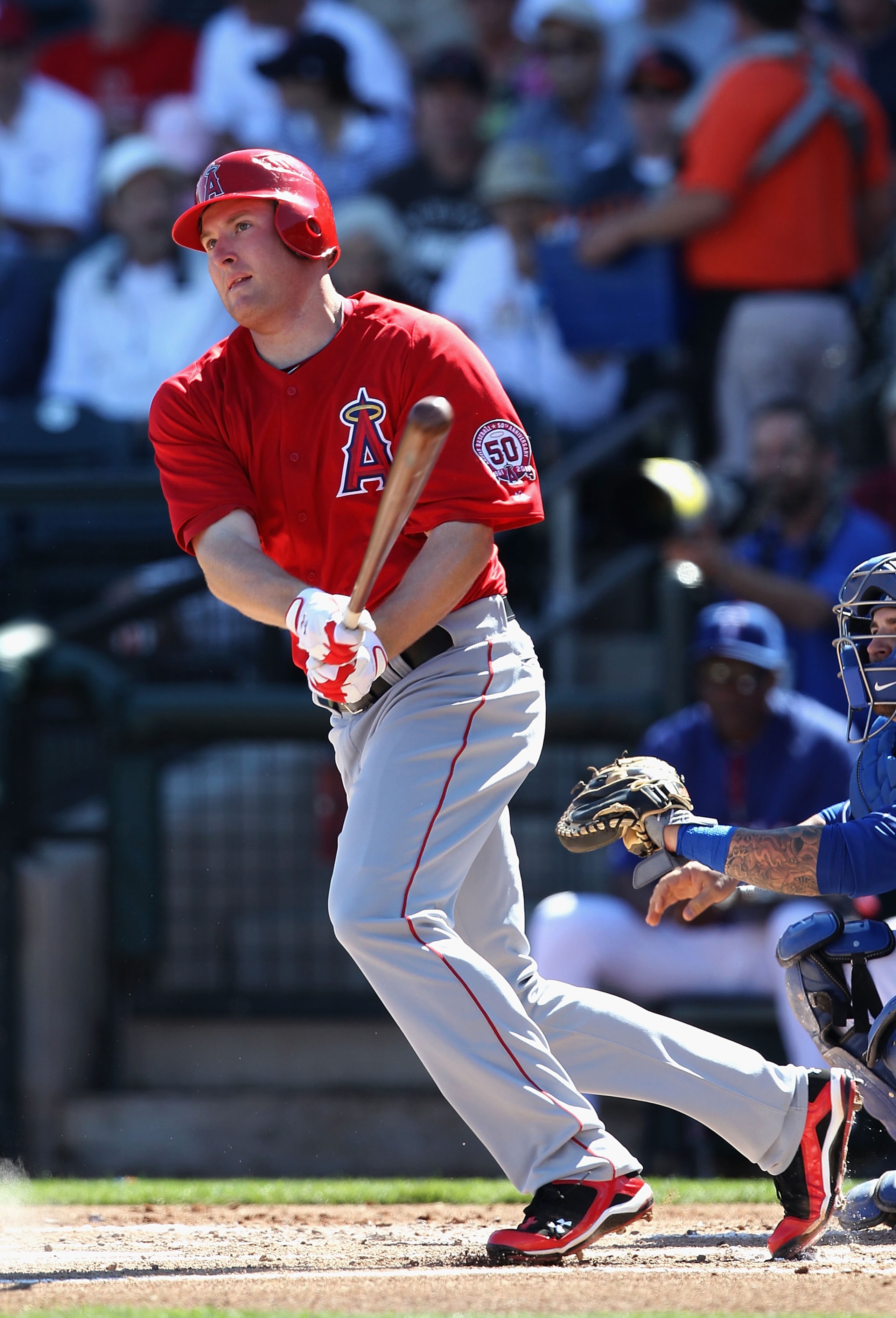 SURPRISE, AZ - MARCH 02:  Mark Trumbo #44 of the Los Angeles Angels of Anaheim bats against the Texas Rangers during the spring training game at Surprise Stadium on March 2, 2011 in Surprise, Arizona.  (Photo by Christian Petersen/Getty Images)