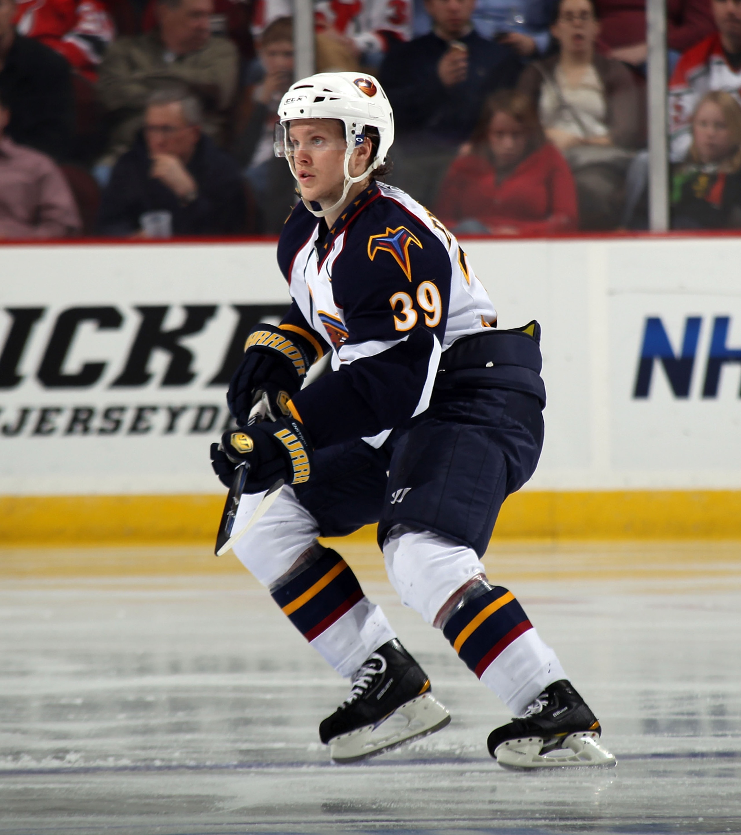 NEWARK, NJ - MARCH 15:  Tobias Enstrom #39 of the Atlanta Thrashers skates against the New Jersey Devils at the Prudential Center on March 15, 2011 in Newark, New Jersey. The Devils defeated the Thrashers 4-2.  (Photo by Bruce Bennett/Getty Images)