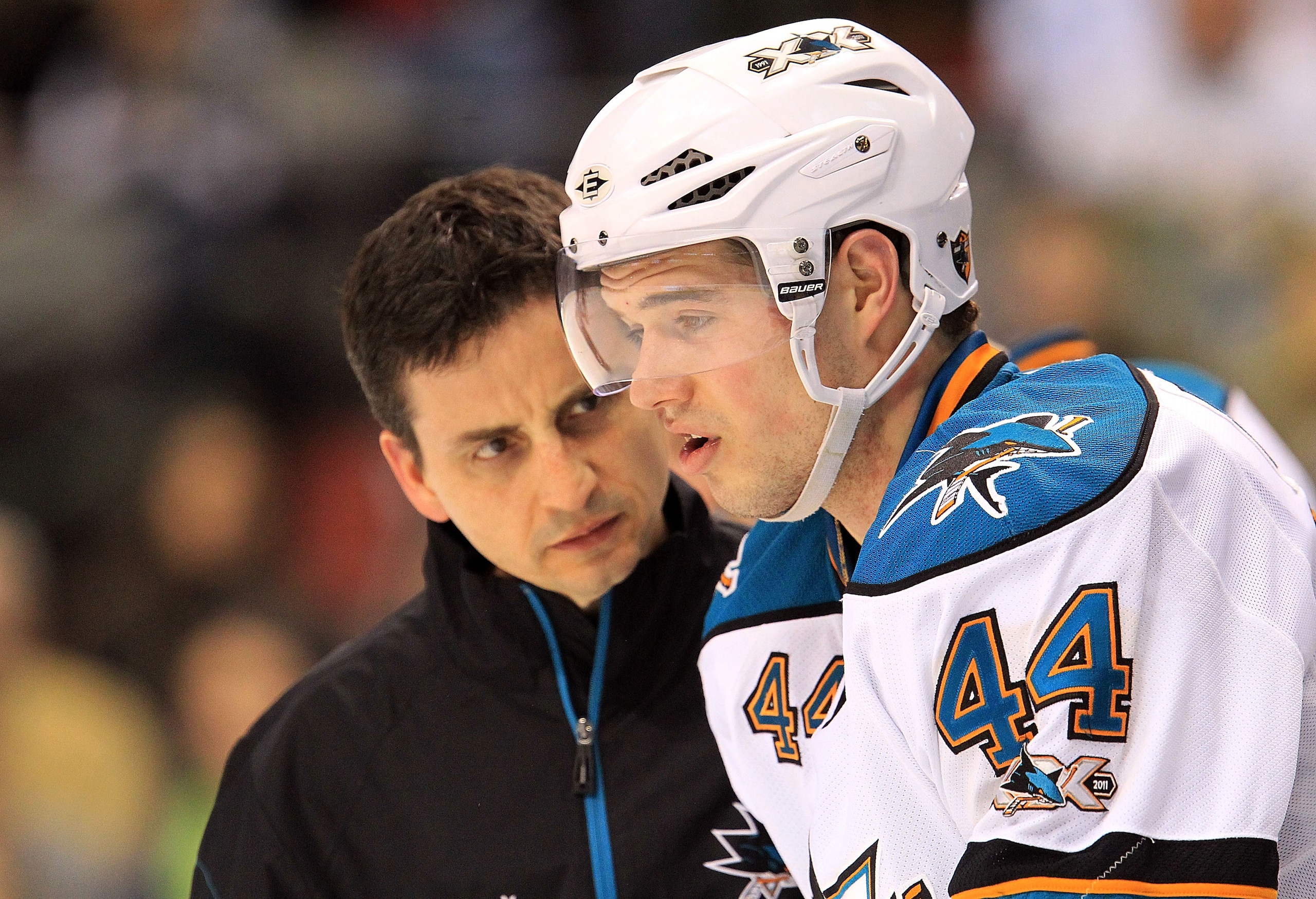 DALLAS, TX - MARCH 15:  Defenseman Marc-Edouard Vlasic #44 of the San Jose Sharks skates off the ice after being hit by a puck at American Airlines Center on March 15, 2011 in Dallas, Texas.  (Photo by Ronald Martinez/Getty Images)