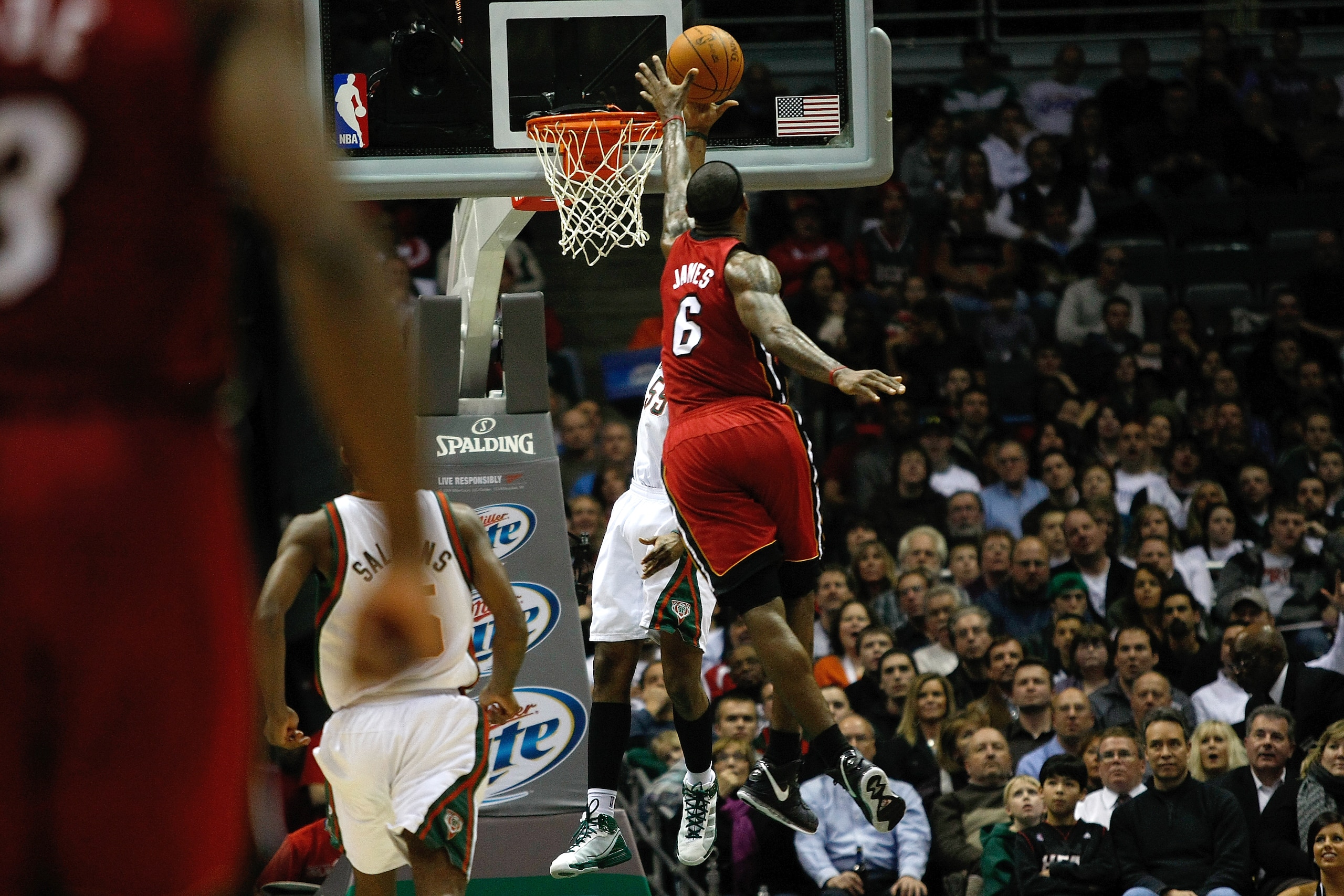 MILWAUKEE, WI - JANUARY 07: LeBron James #6 of the Milwaukee Bucks jumps as he blocks a shot against the Miami Heat at the Bradley Center on January 7, 2011 in Milwaukee, Wisconsin. NOTE TO USER: User expressly acknowledges and agrees that, by downloading