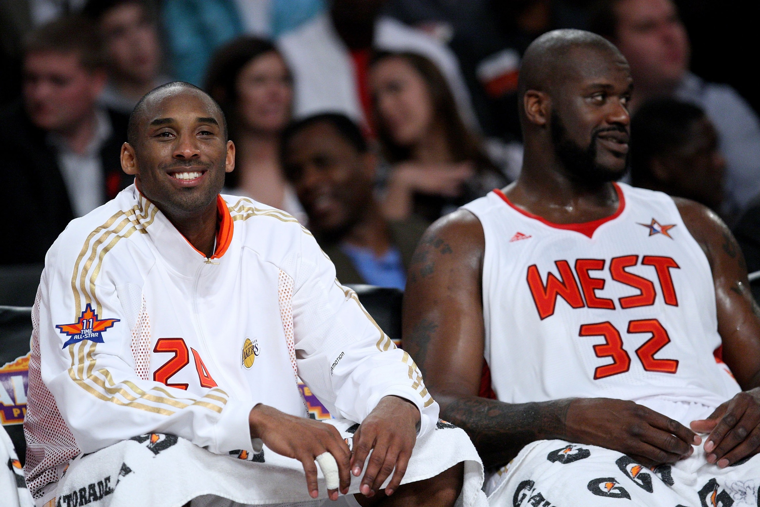 PHOENIX - FEBRUARY 15:  (L-R) Kobe Bryant #24 and Shaquille O'Neal #32 of the Western Conference sit together on the bench during the 58th NBA All-Star Game, part of 2009 NBA All-Star Weekend at US Airways Center on February 15, 2009 in Phoenix, Arizona.