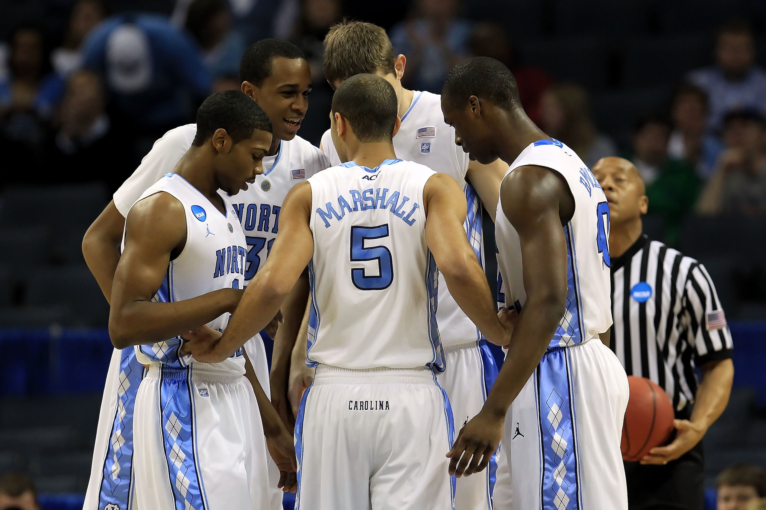CHARLOTTE, NC - MARCH 18:  The North Carolina Tar Heels huddle while taking on the Long Island Blackbirds during the second round of the 2011 NCAA men's basketball tournament at Time Warner Cable Arena on March 18, 2011 in Charlotte, North Carolina.  (Pho