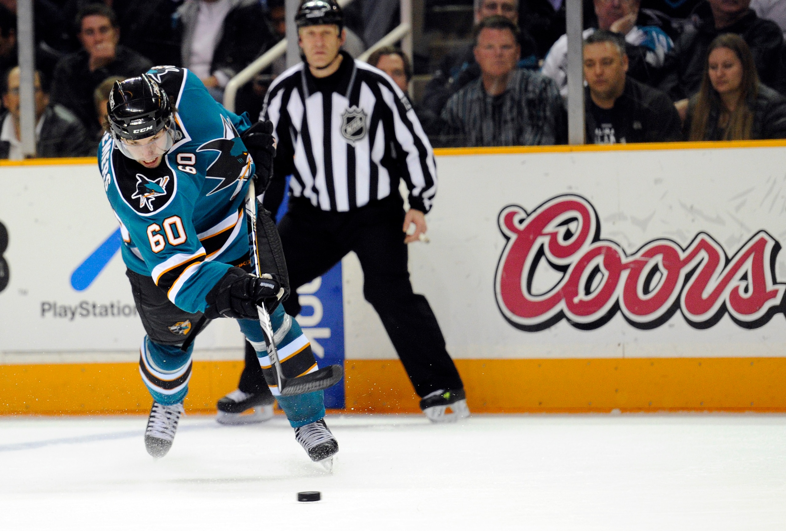 SAN JOSE, CA - MARCH 1: Jason Demers #60 of the San Jose Sharks shoots on goal against the Colorado Avalanche in the second period during an NHL hockey game at the HP Pavilion on March 1, 2011 in San Jose, California. (Photo by Thearon W. Henderson/Getty