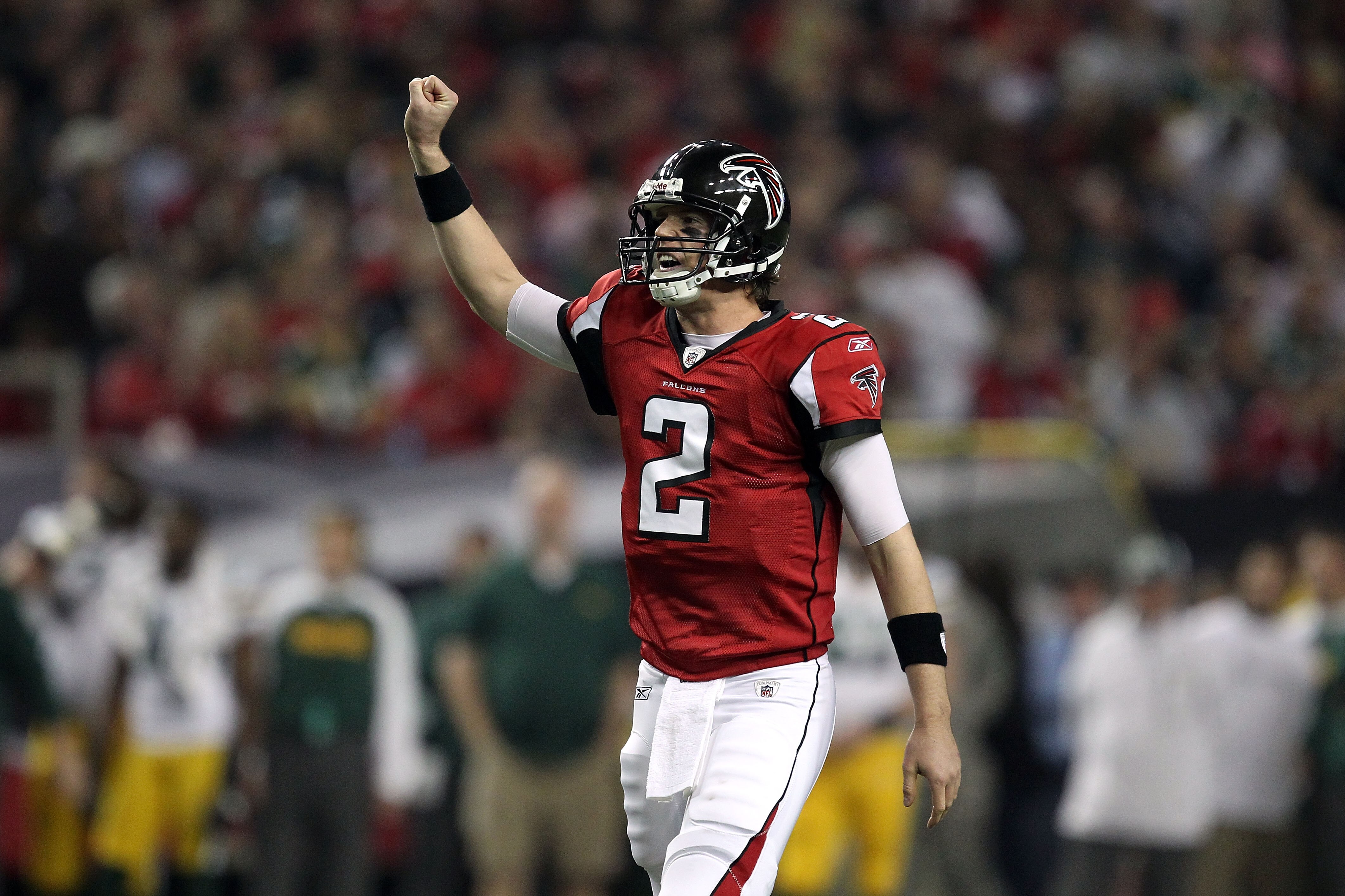 ATLANTA, GA - JANUARY 15:  Quarterback Matt Ryan #2 of the Atlanta Falcons gestures against the Green Bay Packers during their 2011 NFC divisional playoff game at Georgia Dome on January 15, 2011 in Atlanta, Georgia.  (Photo by Streeter Lecka/Getty Images