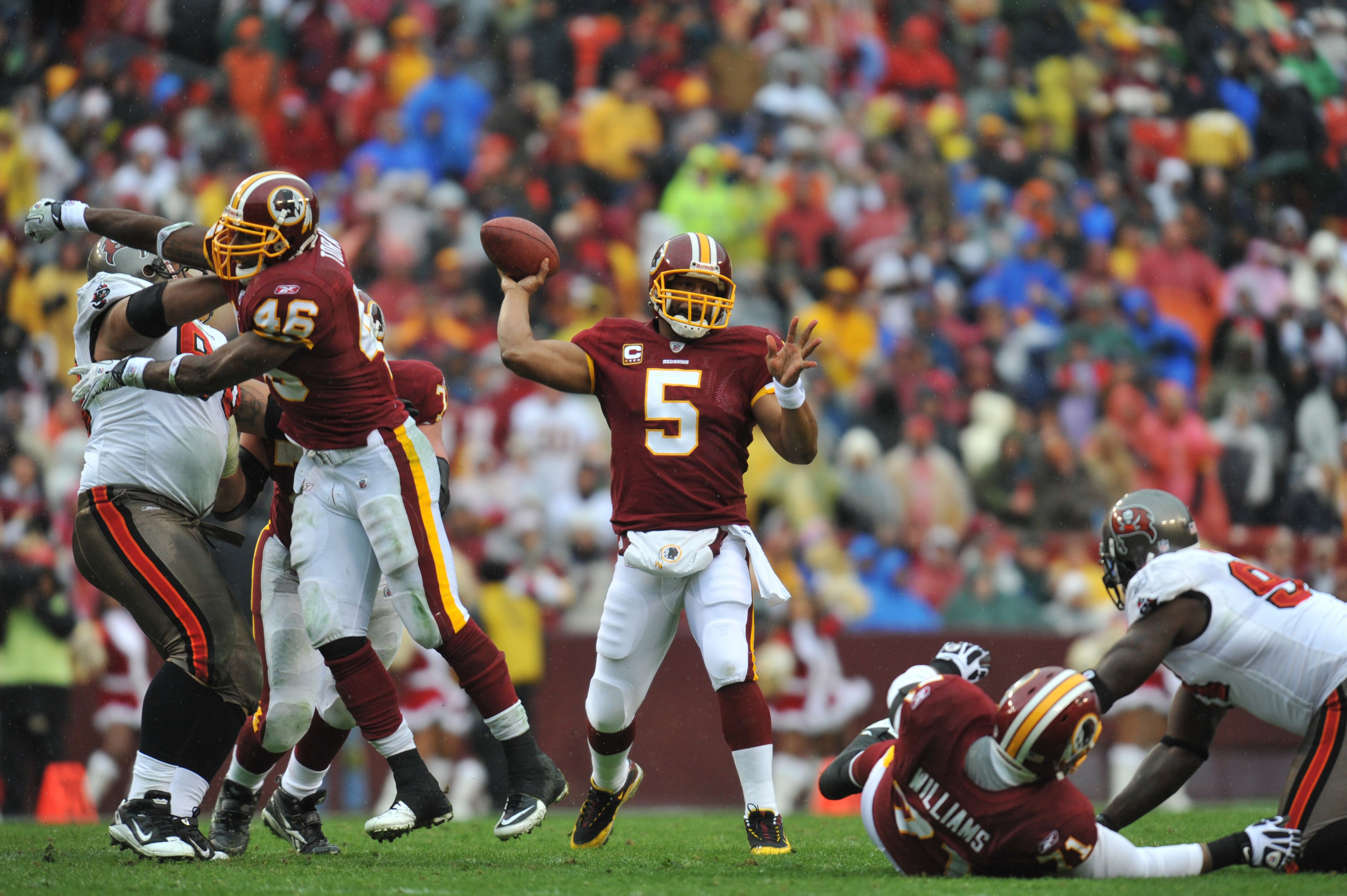 LANDOVER, MD - DECEMBER 12:  Donovan McNabb #5 of the Washington Redskins passes against the Tampa Bay Buccaneers  at FedExField on December 12, 2010 in Landover, Maryland. The Buccaneers defeated the Redskins 17-16. (Photo by Larry French/Getty Images)