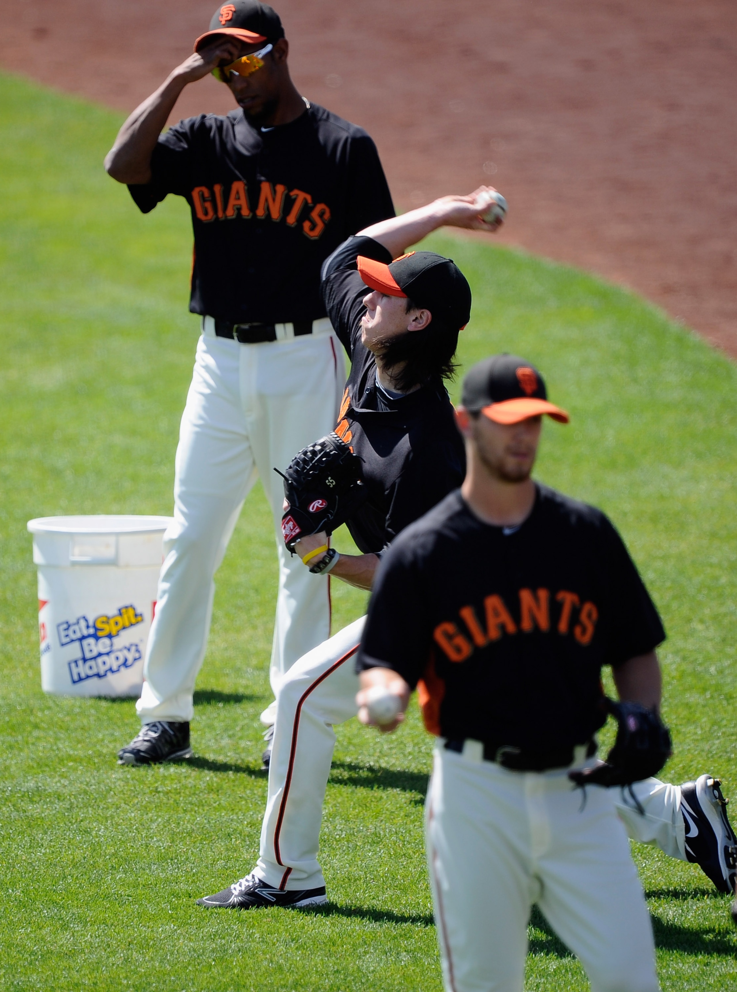SCOTTSDALE, AZ - MARCH 18: Pitcher Tim Linececum #55 of the San Francisco Giants warms up prior to start of the spring training baseball game against the Los Angeles Dodgers at Scottsdale Stadium on March 18, 2011 in Scottsdale, Arizona.  (Photo by Kevork