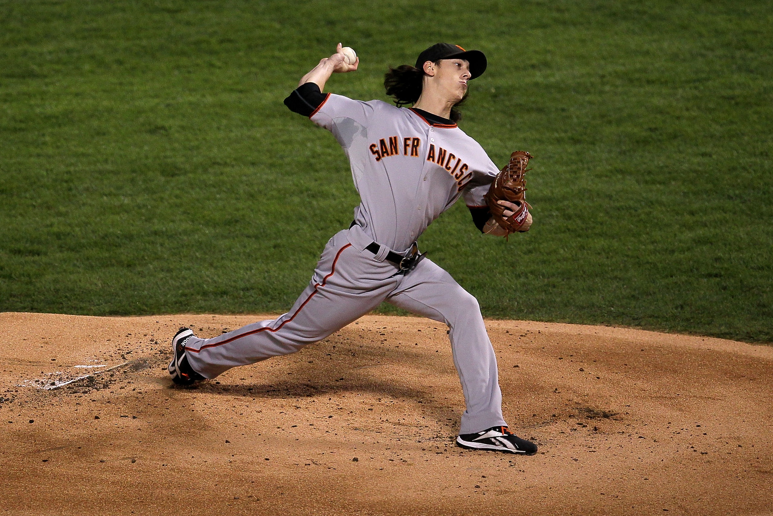 ARLINGTON, TX - NOVEMBER 01:  Starting pitcher Tim Lincecum #55 of the San Francisco Giants pitches against the Texas Rangers in Game Five of the 2010 MLB World Series at Rangers Ballpark in Arlington on November 1, 2010 in Arlington, Texas. The Giants wo