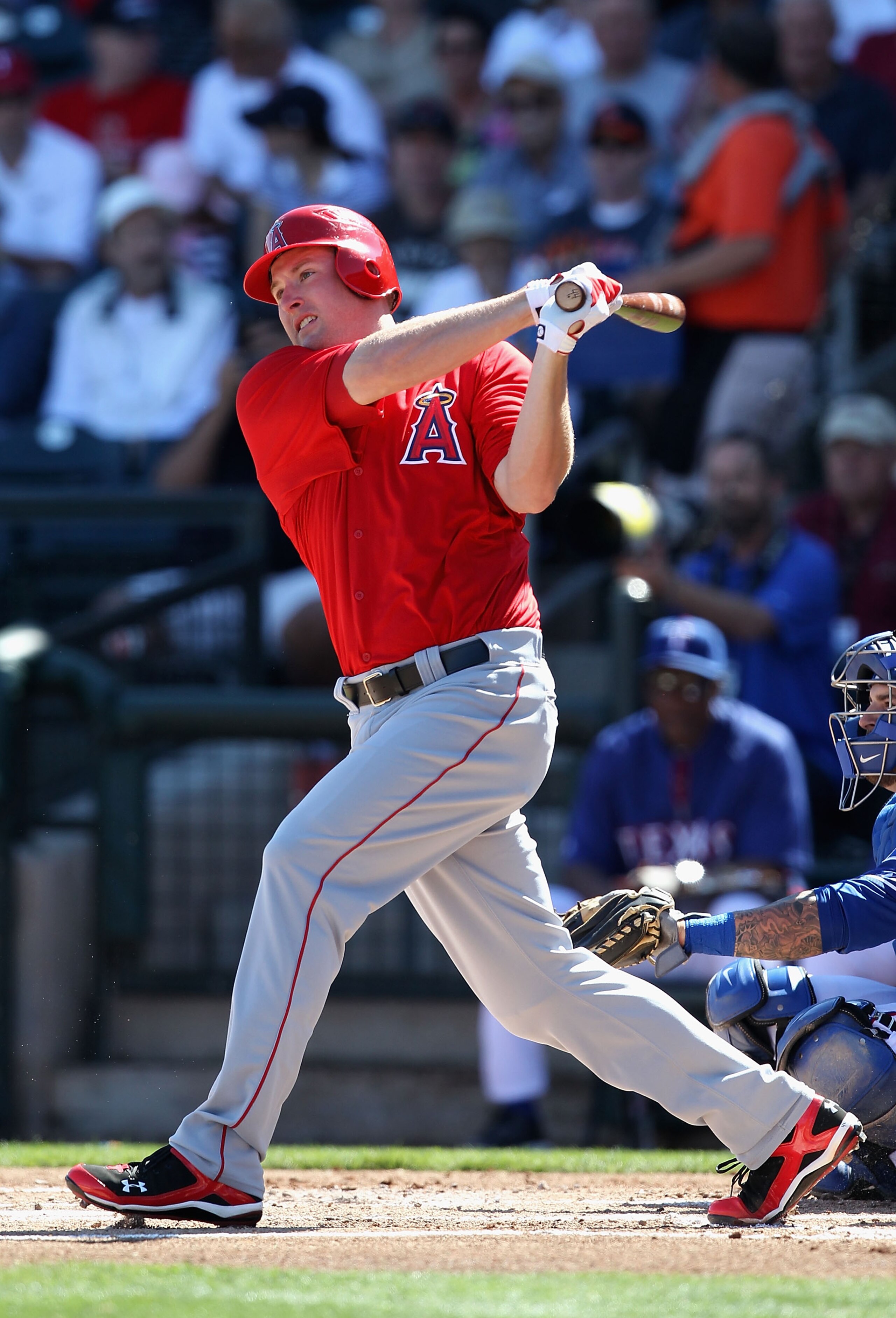 SURPRISE, AZ - MARCH 02:  Mark Trumbo #44 of the Los Angeles Angels of Anaheim bats against the Texas Rangers during the spring training game at Surprise Stadium on March 2, 2011 in Surprise, Arizona.  (Photo by Christian Petersen/Getty Images)