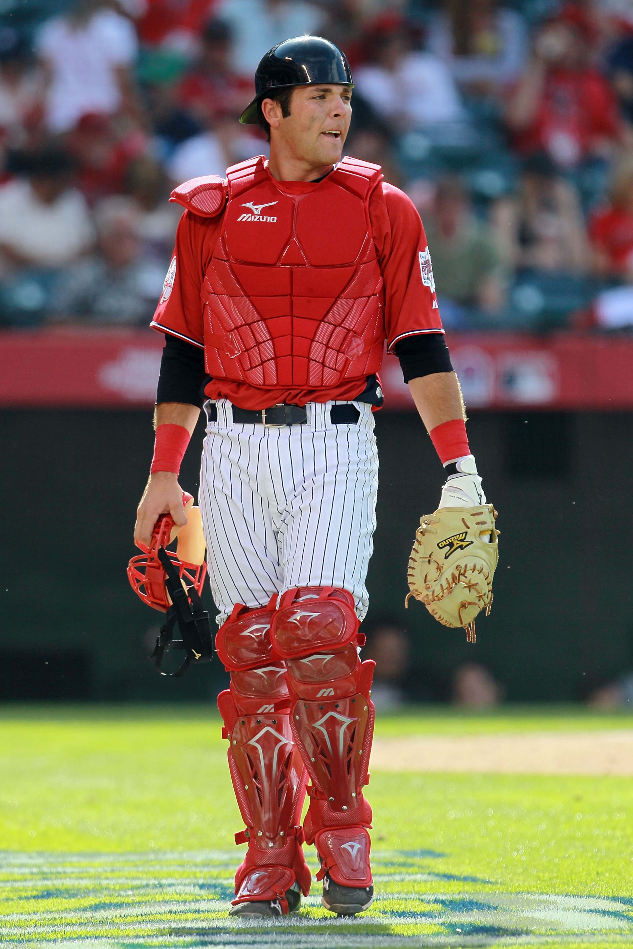 ANAHEIM, CA - JULY 11:  U.S. Futures All-Star Austin Romine #4 of the New York Yankees looks on during the 2010 XM All-Star Futures Game at Angel Stadium of Anaheim on July 11, 2010 in Anaheim, California.  (Photo by Jeff Gross/Getty Images)