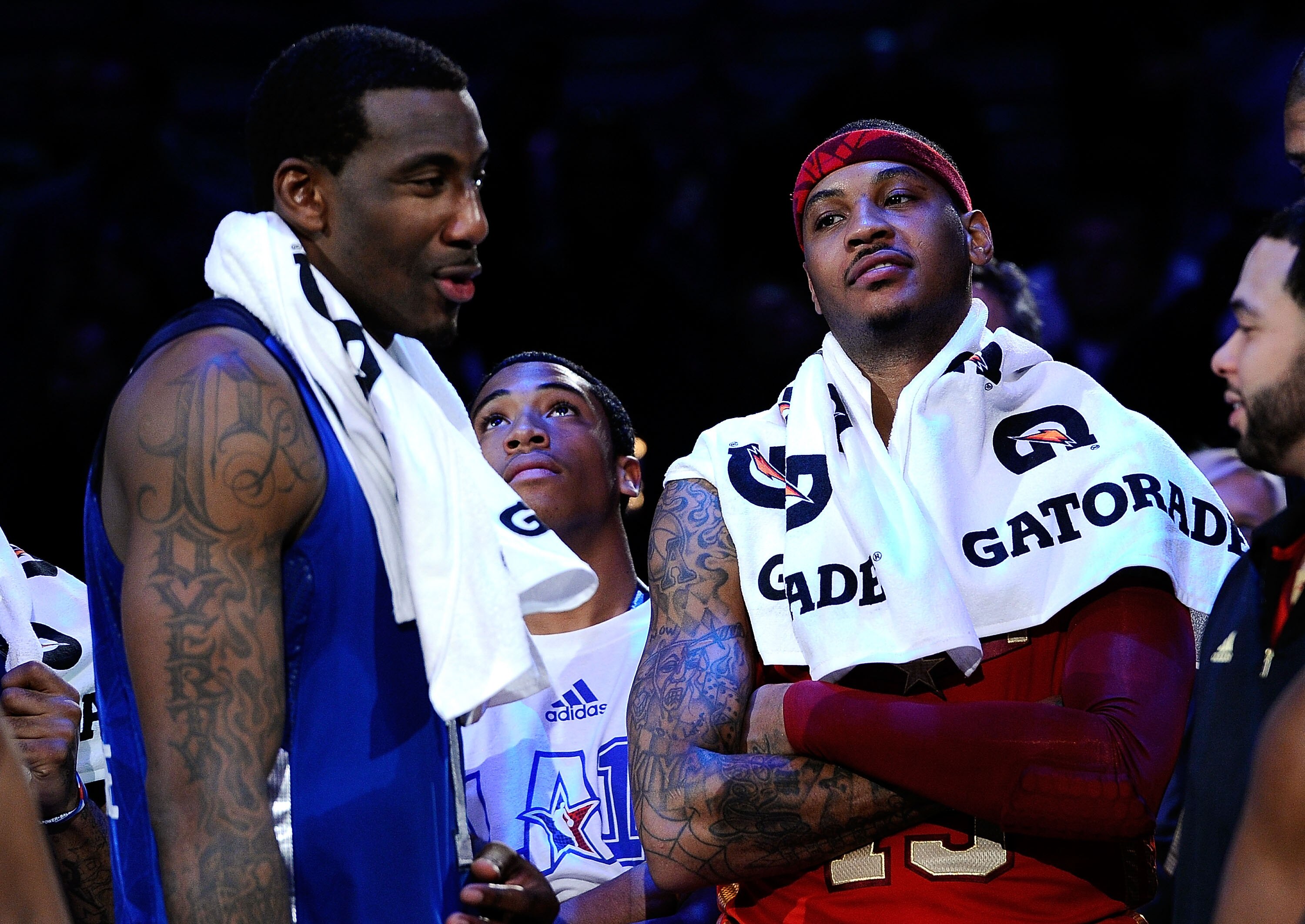 LOS ANGELES, CA - FEBRUARY 20:  Amare Stoudemire #1 of the New York Knicks and the Eastern Conference stands with Carmelo Anthony #15 of the Denver Nuggets and the Western Conference after the Western Conference won 148-143 victory in the 2011 NBA All-Sta