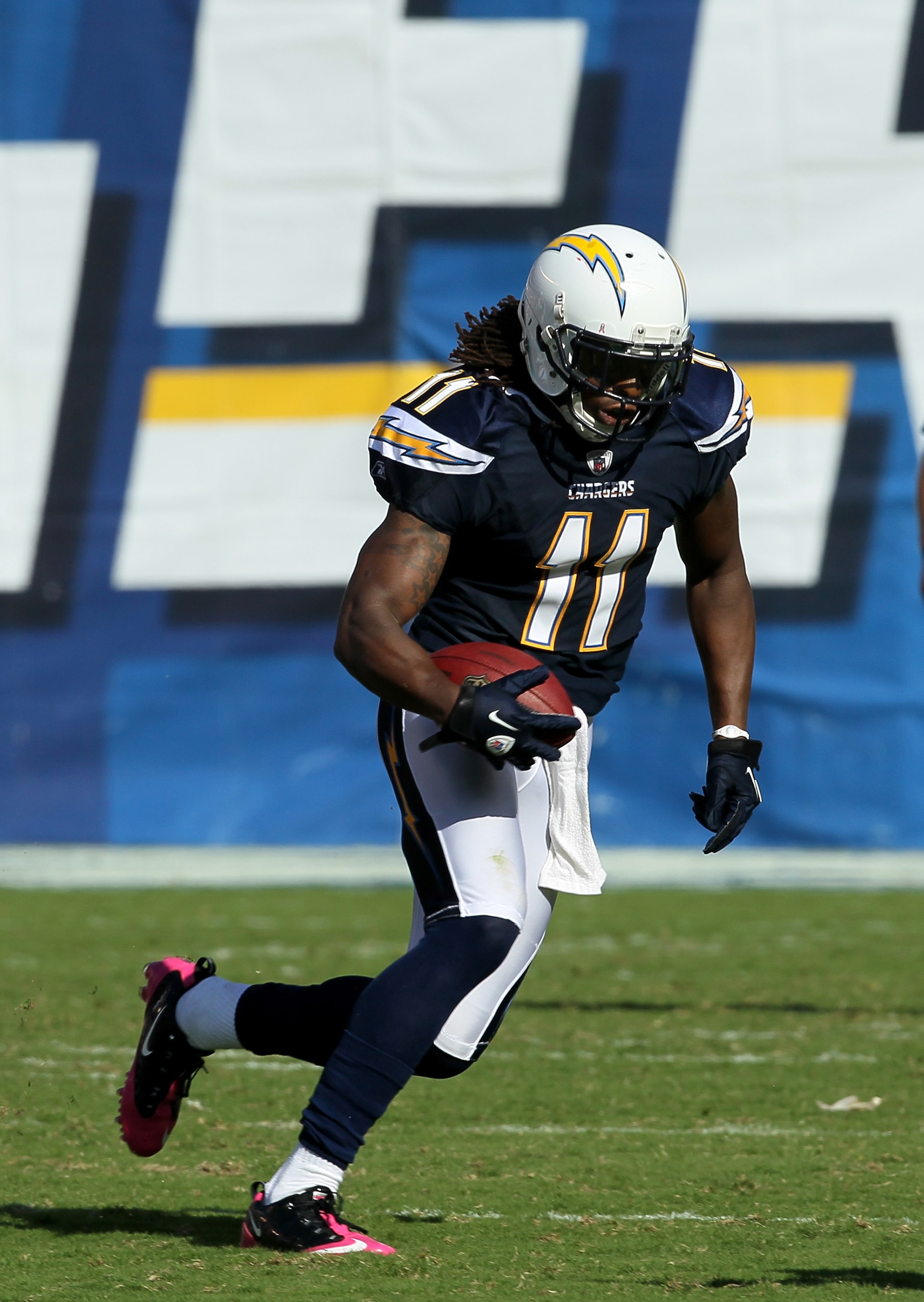 SAN DIEGO - OCTOBER 03:  Wide receiver Legedu Naanee #11 of the San Diego Chargers carries the ball during the game against the Arizona Cardinals at Qualcomm Stadium on October 3, 2010 in San Diego, California.  The Chargers won 41-10.  (Photo by Stephen