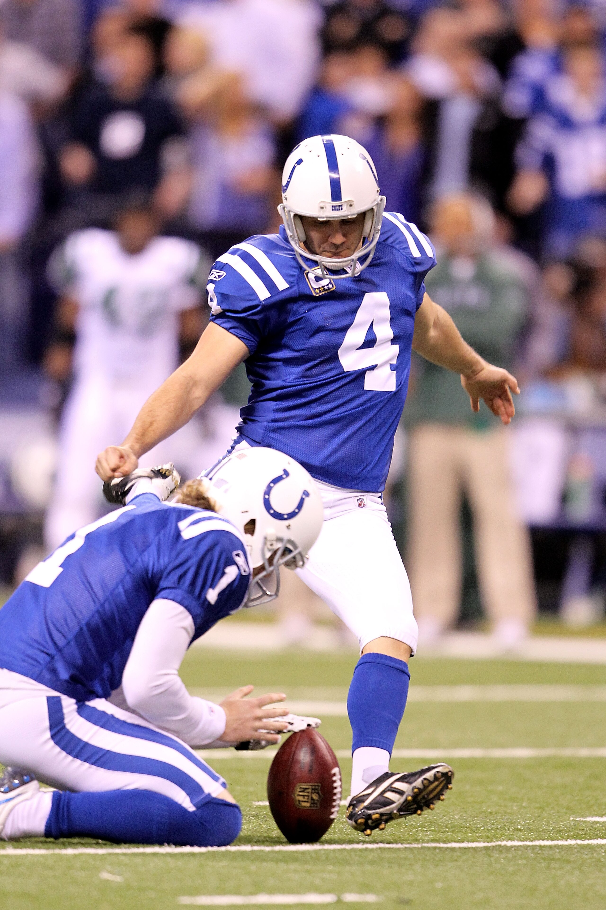 INDIANAPOLIS, IN - JANUARY 08: Adam Vinatieri #4 of the Indianapolis Colts kicks a successful 50-yard field goal in the fourth quarter against the New York Jets during their 2011 AFC wild card playoff game at Lucas Oil Stadium on January 8, 2011 in India INDIANAPOLIS, IN - JANUARY 08: Adam Vinatieri #4 of the Indianapolis Colts kicks a successful 50-yard field goal in the fourth quarter against the New York Jets during their 2011 AFC wild card playoff game at Lucas Oil Stadium on January 8, 2011 in India