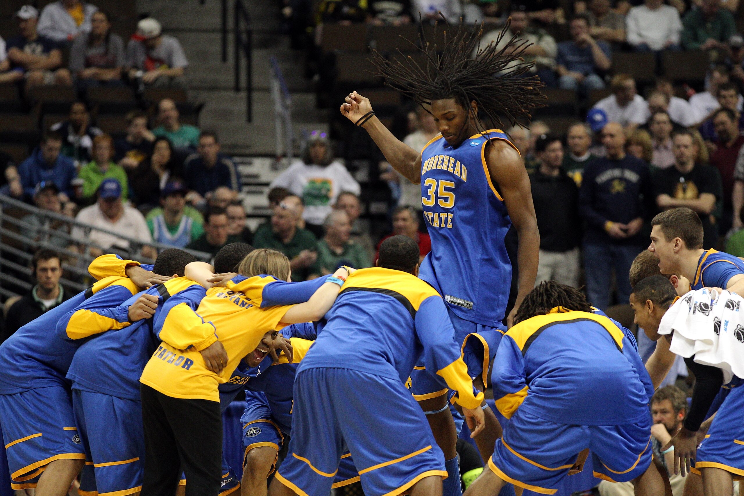 DENVER, CO - MARCH 17:  Kenneth Faried #35 of the Morehead State Eagles tries to pump his team up prior to playing against the Louisville Cardinals in the second round of the 2011 NCAA men's basketball tournament at Pepsi Center on March 17, 2011 in Denve