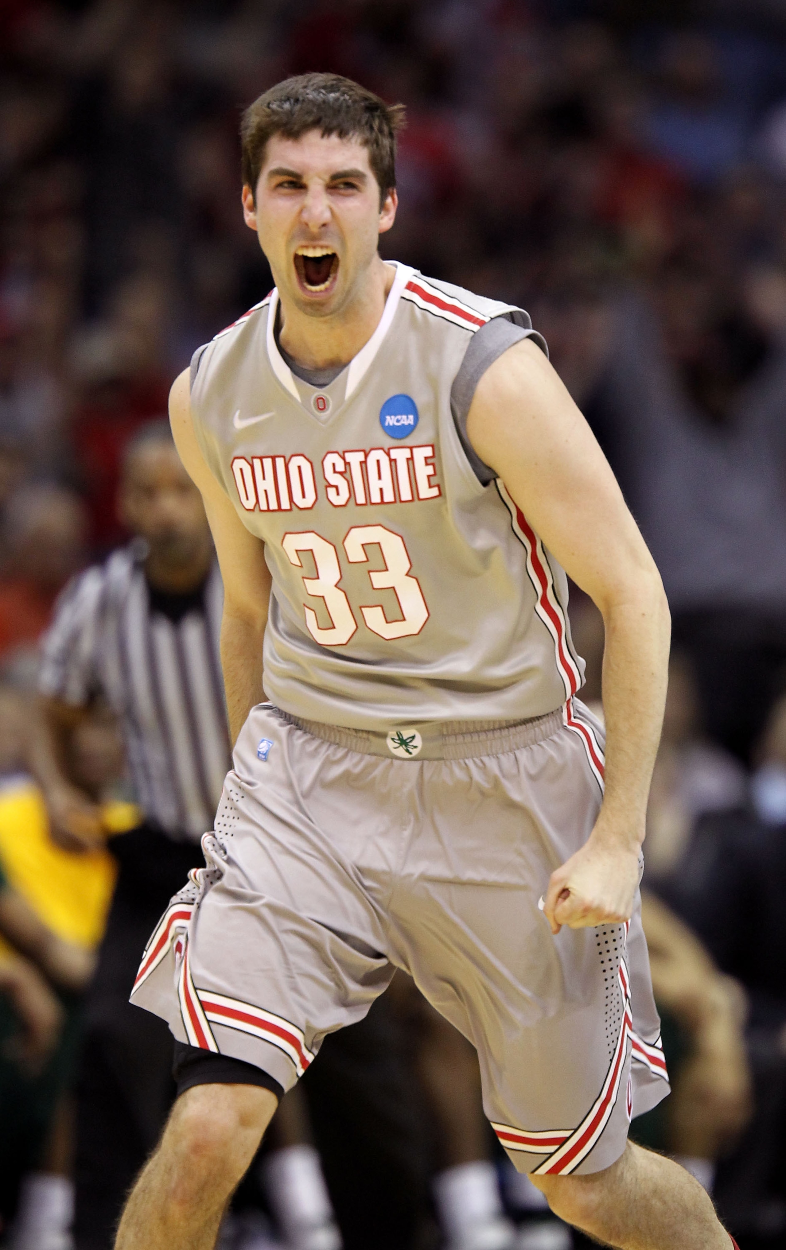 CLEVELAND, OH - MARCH 20: Jon Diebler #33 of the Ohio State Buckeyes reacts after a play in the first half against the George Mason Patriots during the third of the 2011 NCAA men's basketball tournament at Quicken Loans Arena on March 20, 2011 in Clevelan
