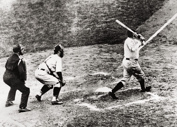 Otto Miller, left, of the Brooklyn Dodgers, and Babe Ruth, of the