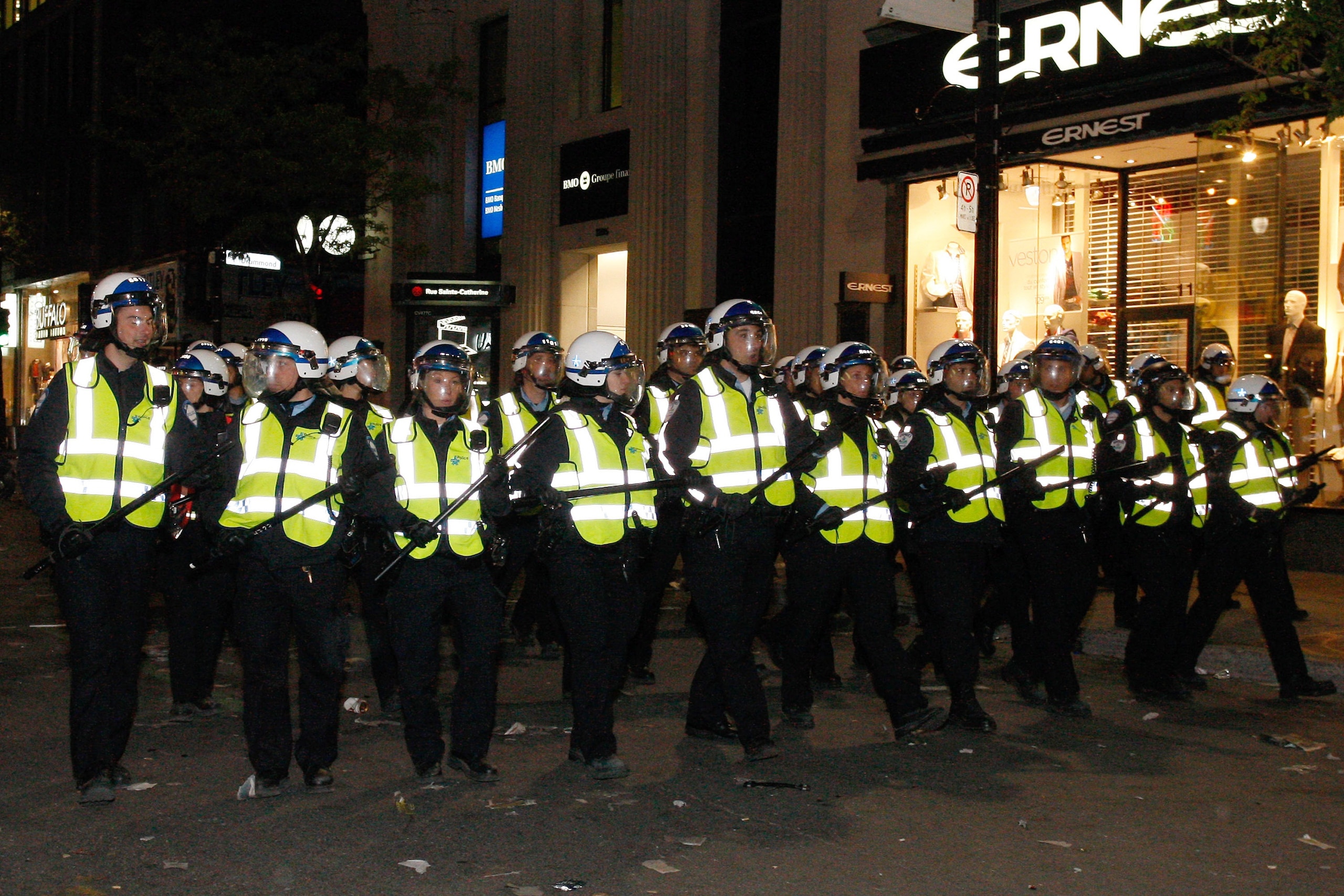 MONTREAL- MAY 12:   Riot police begin to disperse the crowd after several stores were looted in downtown Montreal during street celebrations after the Montreal Canadiens defeat of the Pittsburgh Penguins in Game Seven of the Eastern Conference Semifinals
