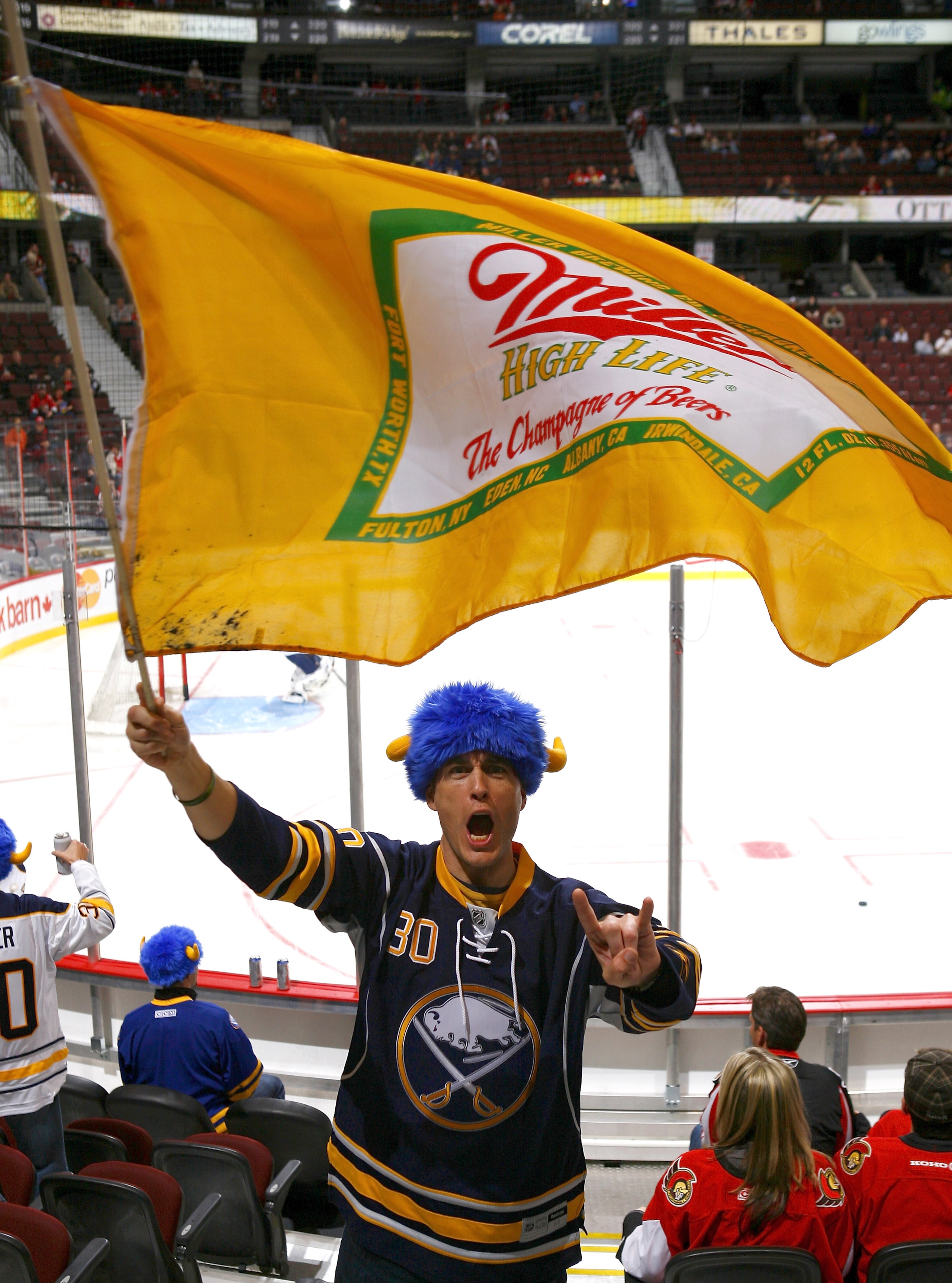 OTTAWA, ON - OCTOBER 08:  Enthusiastic fan Terry Brown shows his support for Ryan Miller #30 of the Buffalo Sabres before a game against the Ottawa Senators at Scotiabank Place on October 8, 2010 in Ottawa, Ontario,  Canada. The Buffalo Sabres defeated th