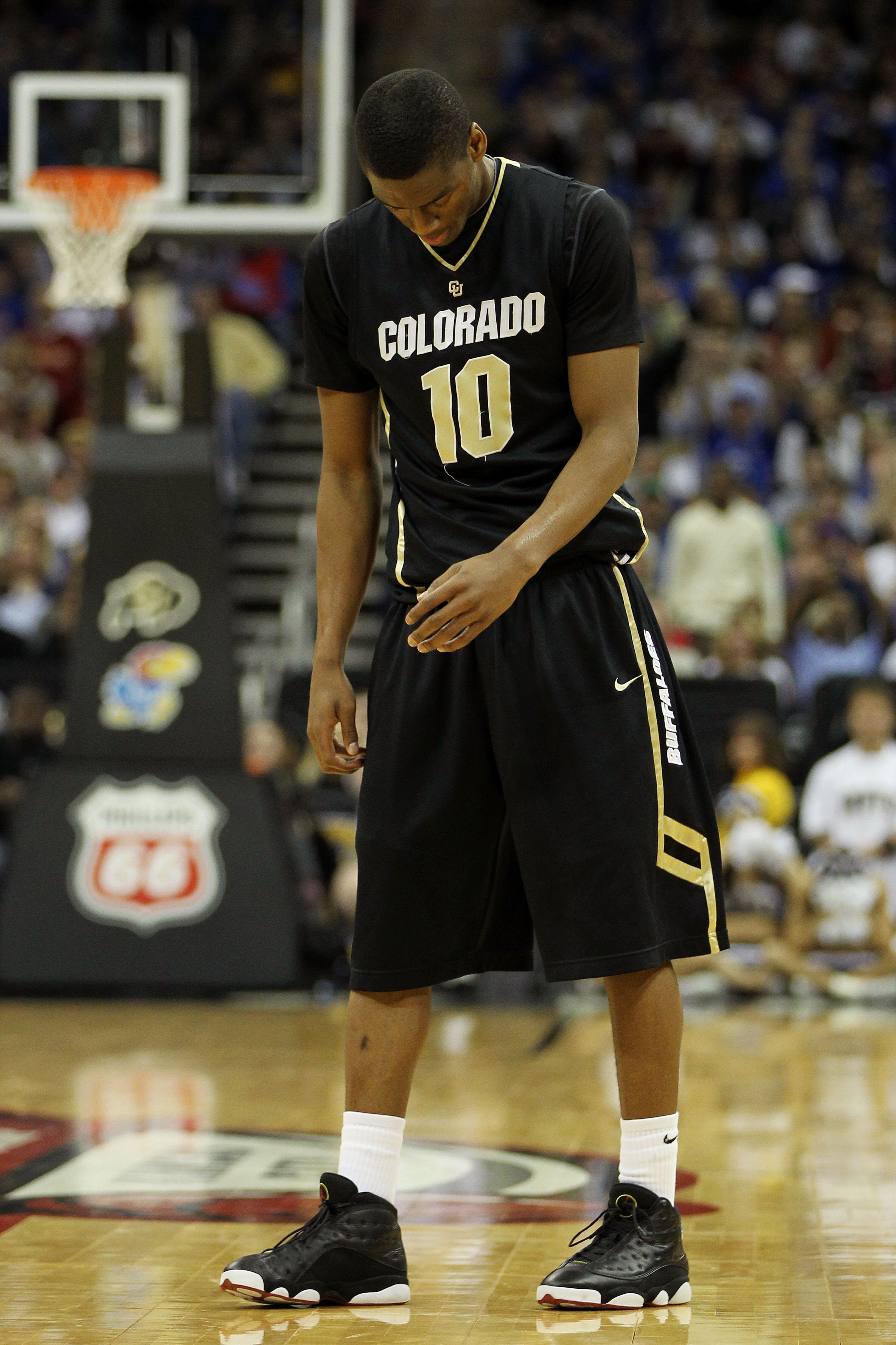 KANSAS CITY, MO - MARCH 11: Alec Burks #10 of the Colorado Buffaloes reacts to a play during their semifinal game against the Kansas Jayhawks in the 2011 Phillips 66 Big 12 Men's Basketball Tournament at Sprint Center on March 11, 2011 in Kansas City, Mi KANSAS CITY, MO - MARCH 11: Alec Burks #10 of the Colorado Buffaloes reacts to a play during their semifinal game against the Kansas Jayhawks in the 2011 Phillips 66 Big 12 Men's Basketball Tournament at Sprint Center on March 11, 2011 in Kansas City, Mi