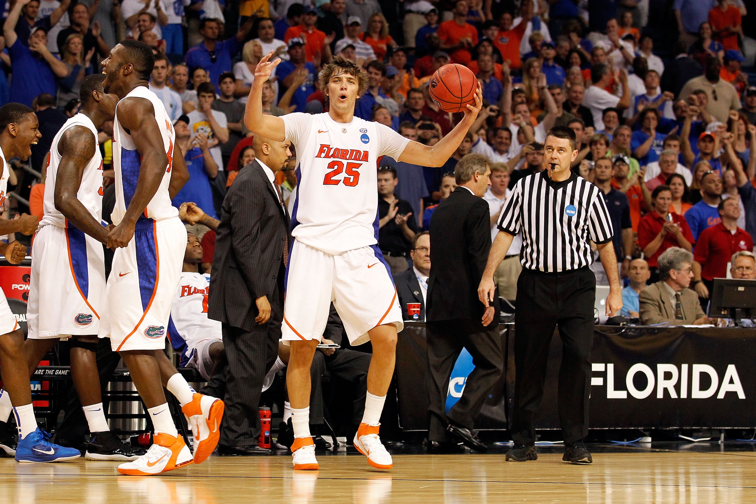 TAMPA, FL - MARCH 19:  Chandler Parsons #25 of the Florida Gators celebrates after FLordia won 73-65 against the UCLA Bruins during the third round of the 2011 NCAA men's basketball tournament at St. Pete Times Forum on March 19, 2011 in Tampa, Florida.
