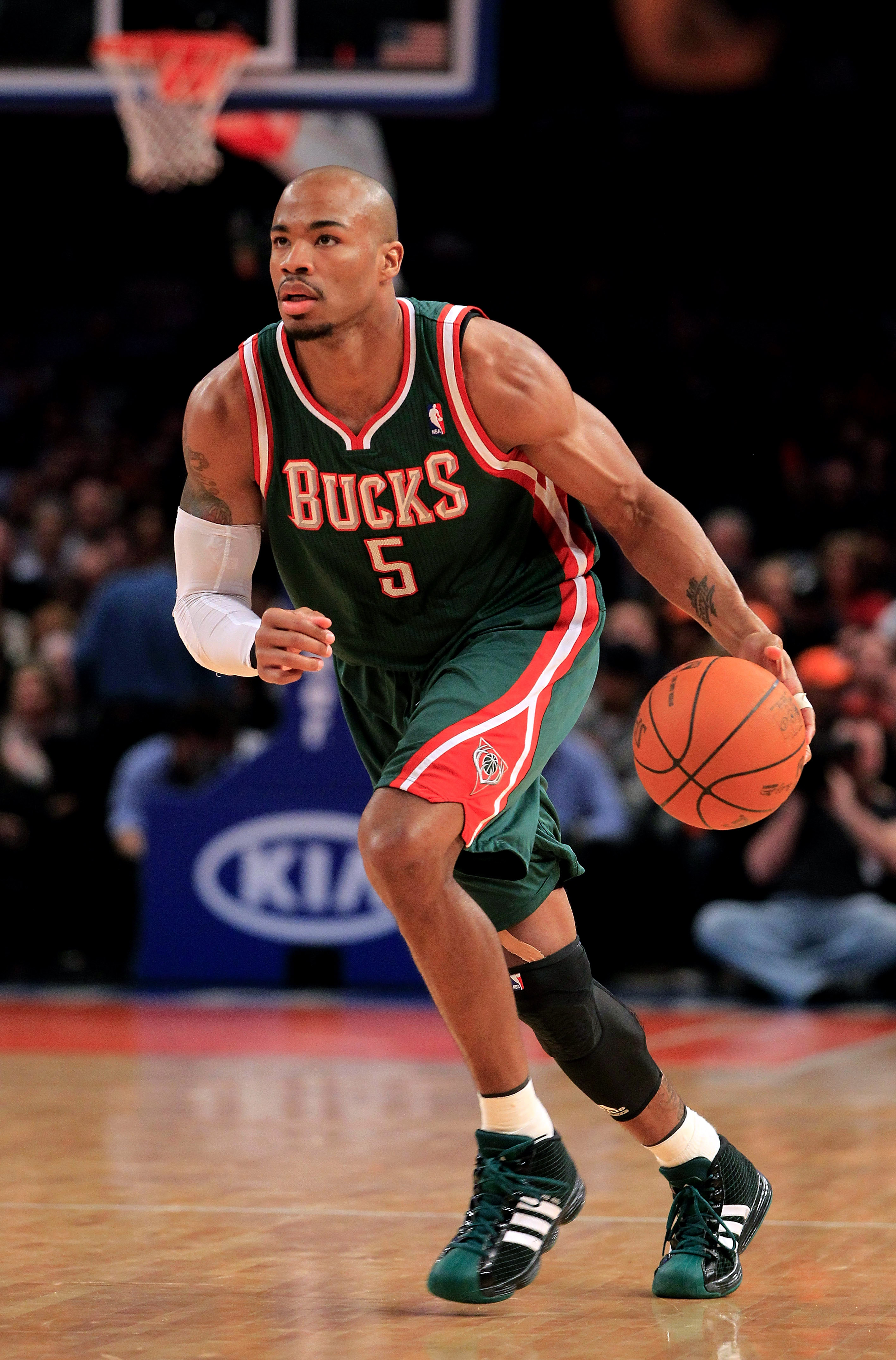 NEW YORK, NY - FEBRUARY 23: Corey Maggette #5 of the Milwaukee Bucks dribbles the ball against the New York Knicks at Madison Square Garden on February 23, 2011 in New York City. NOTE TO USER: User expressly acknowledges and agrees that, by downloading an