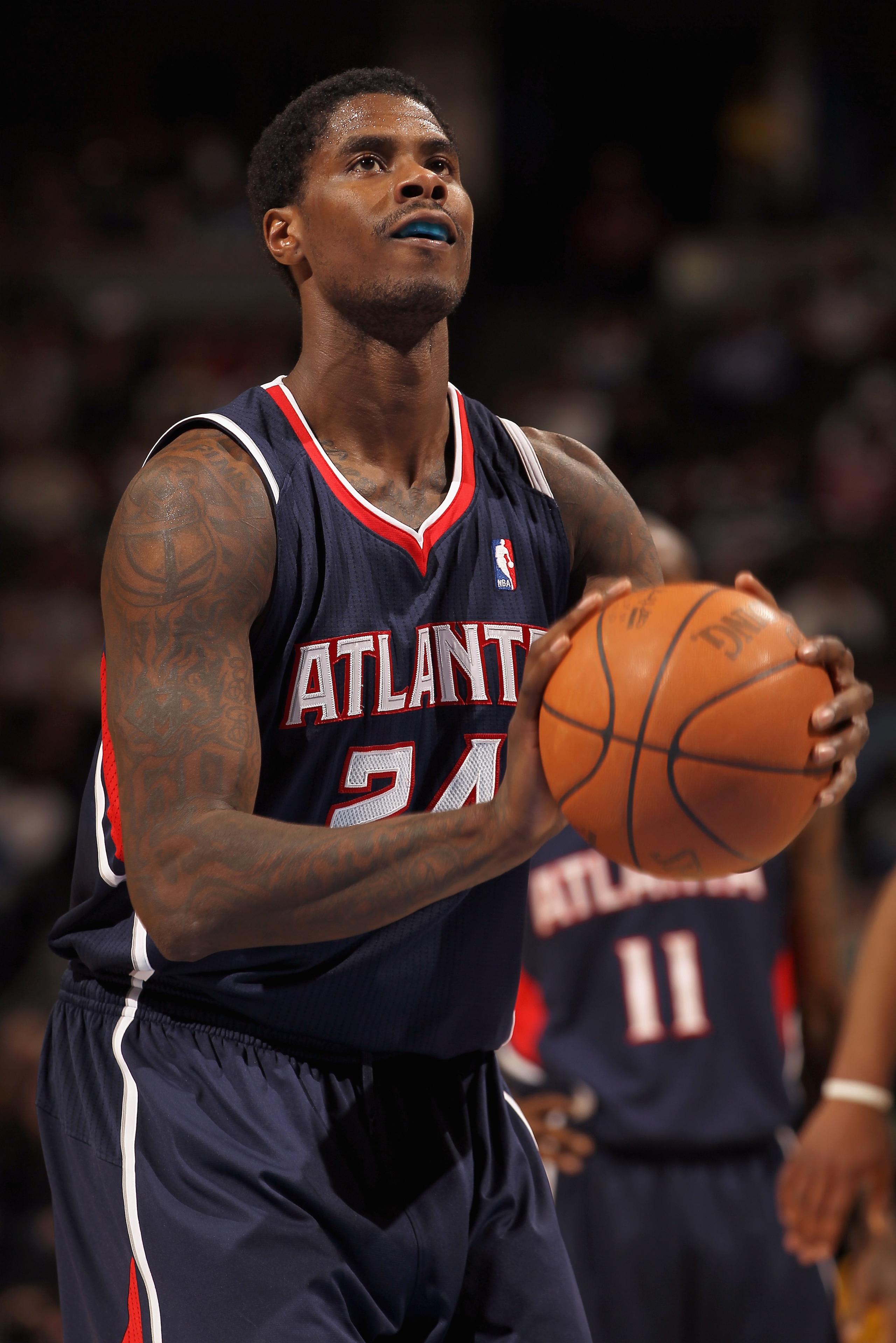 DENVER, CO - FEBRUARY 28:  Marvin Williams #24 of the Atlanta Hawks takes a free throw against the Denver Nuggets during NBA action at the Pepsi Center on February 28, 2011 in Denver, Colorado. The Nuggets deafeated the Hawks 100-90. NOTE TO USER: User ex