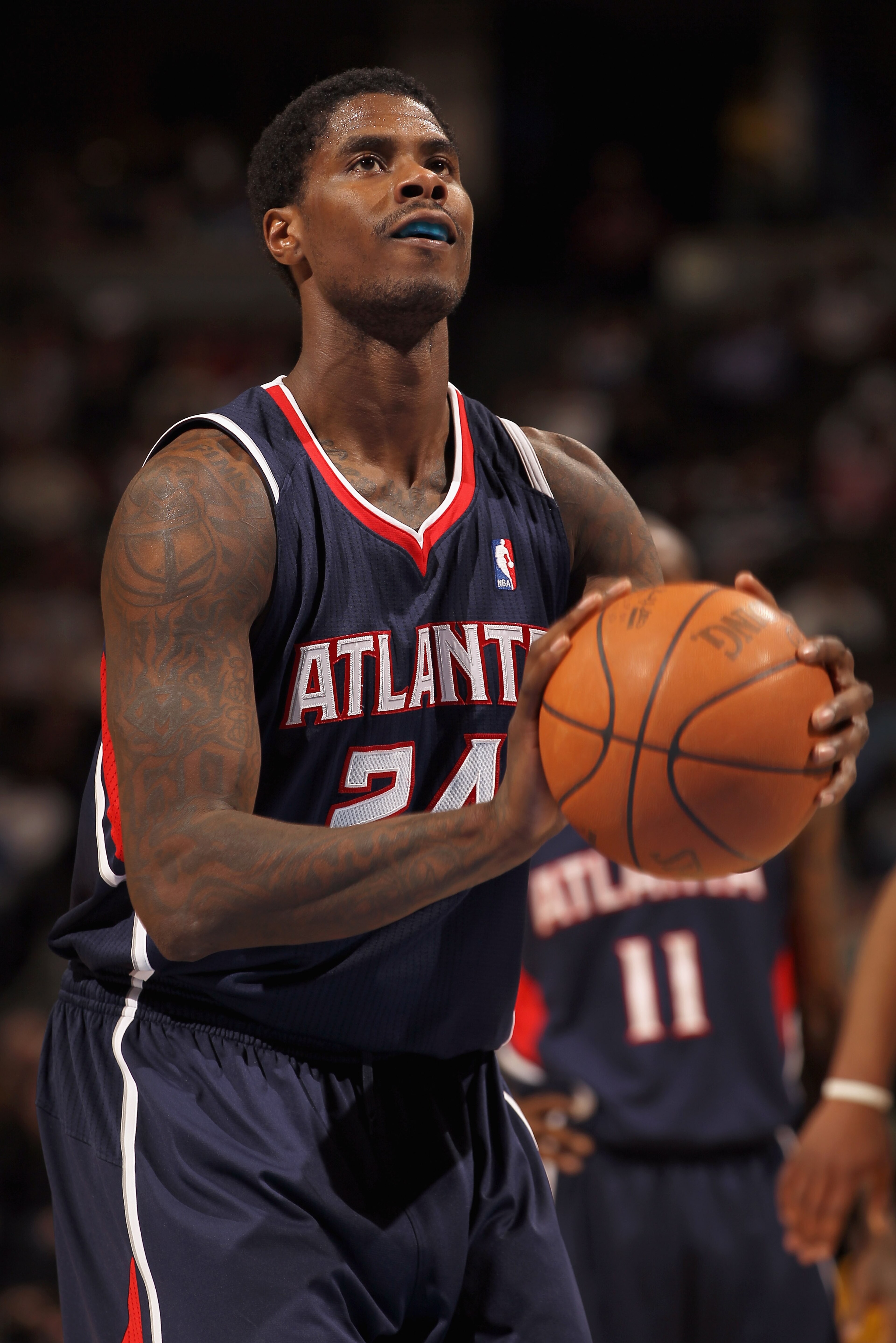 DENVER, CO - FEBRUARY 28:  Marvin Williams #24 of the Atlanta Hawks takes a free throw against the Denver Nuggets during NBA action at the Pepsi Center on February 28, 2011 in Denver, Colorado. The Nuggets deafeated the Hawks 100-90. NOTE TO USER: User ex