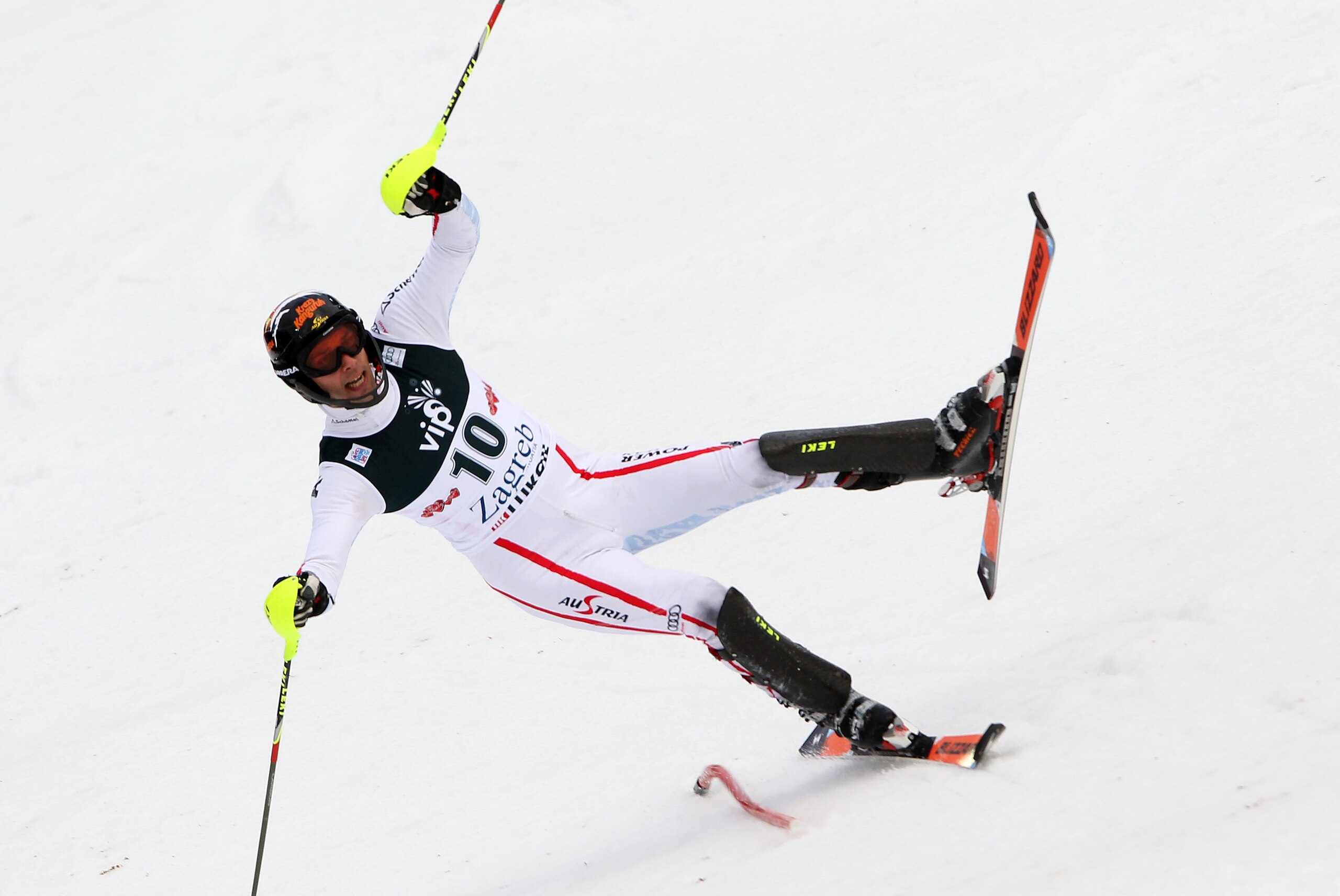 ZAGREB, CROATIA - JANUARY 6: (FRANCE OUT) Mario Matt of Austria competes during the Audi FIS Alpine Ski World Cup Men's Slalom on January 6, 2013 in Zagreb, Croatia. (Photo by Alexis Boichard/Agence Zoom/Getty Images)