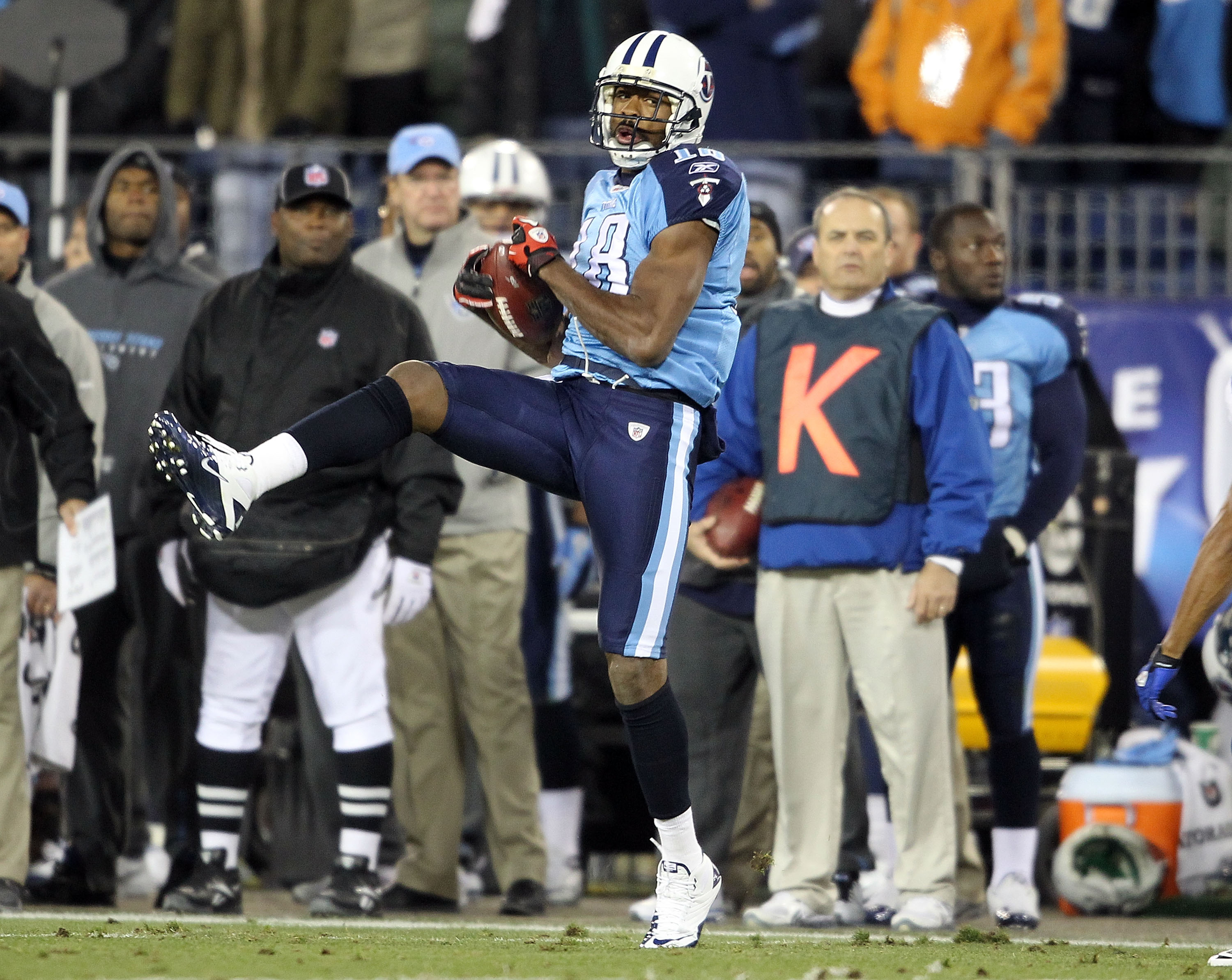 NASHVILLE, TN - DECEMBER 09:  Kenny Britt #18 of the Tennessee Titans catches a pass during the NFL game against the Indianapolis Colts at LP Field on December 9, 2010 in Nashville, Tennessee.  (Photo by Andy Lyons/Getty Images)