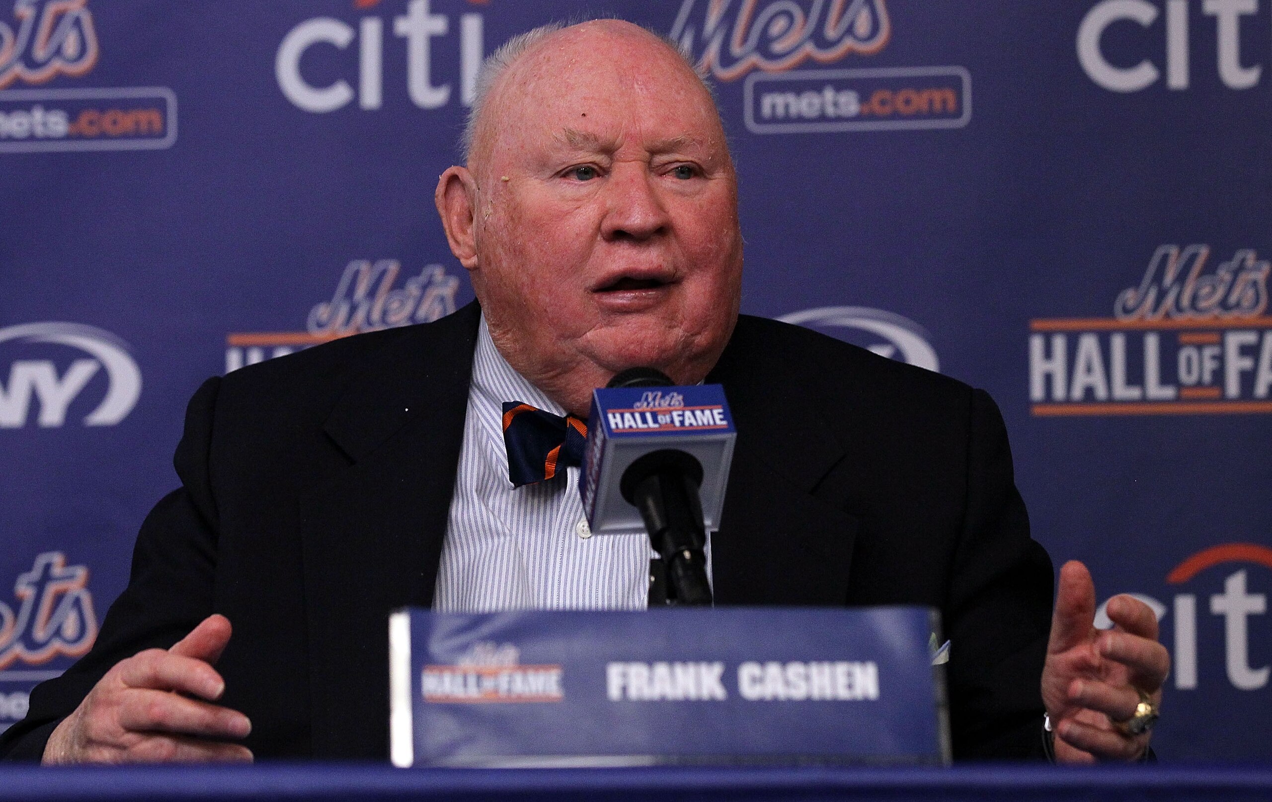 NEW YORK - JULY 31: Former general manager Frank Cashen speaks during a press conference for his induction into the New York Mets Hall of Fame prior to the game against the Arizona Diamondbacks on July 31, 2010 at Citi Field in the Flushing neighborhood o