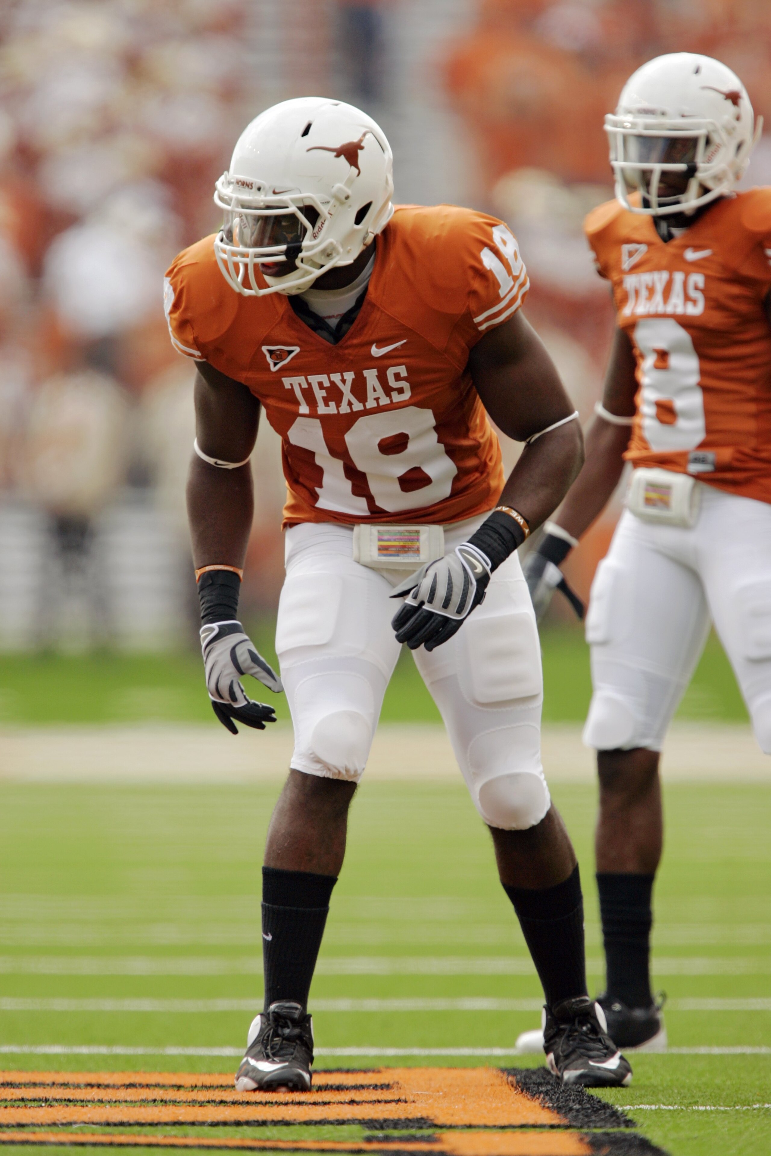 AUSTIN, TX - NOVEMBER 07:  Linebacker Emmanuel Acho #18 of the Texas Longhorns waits for the first snap by the UCF Knights on November 7, 2009 at Darrell K Royal - Texas Memorial Stadium in Austin, Texas.  Texas won 35-3.  (Photo by Brian Bahr/Getty Image
