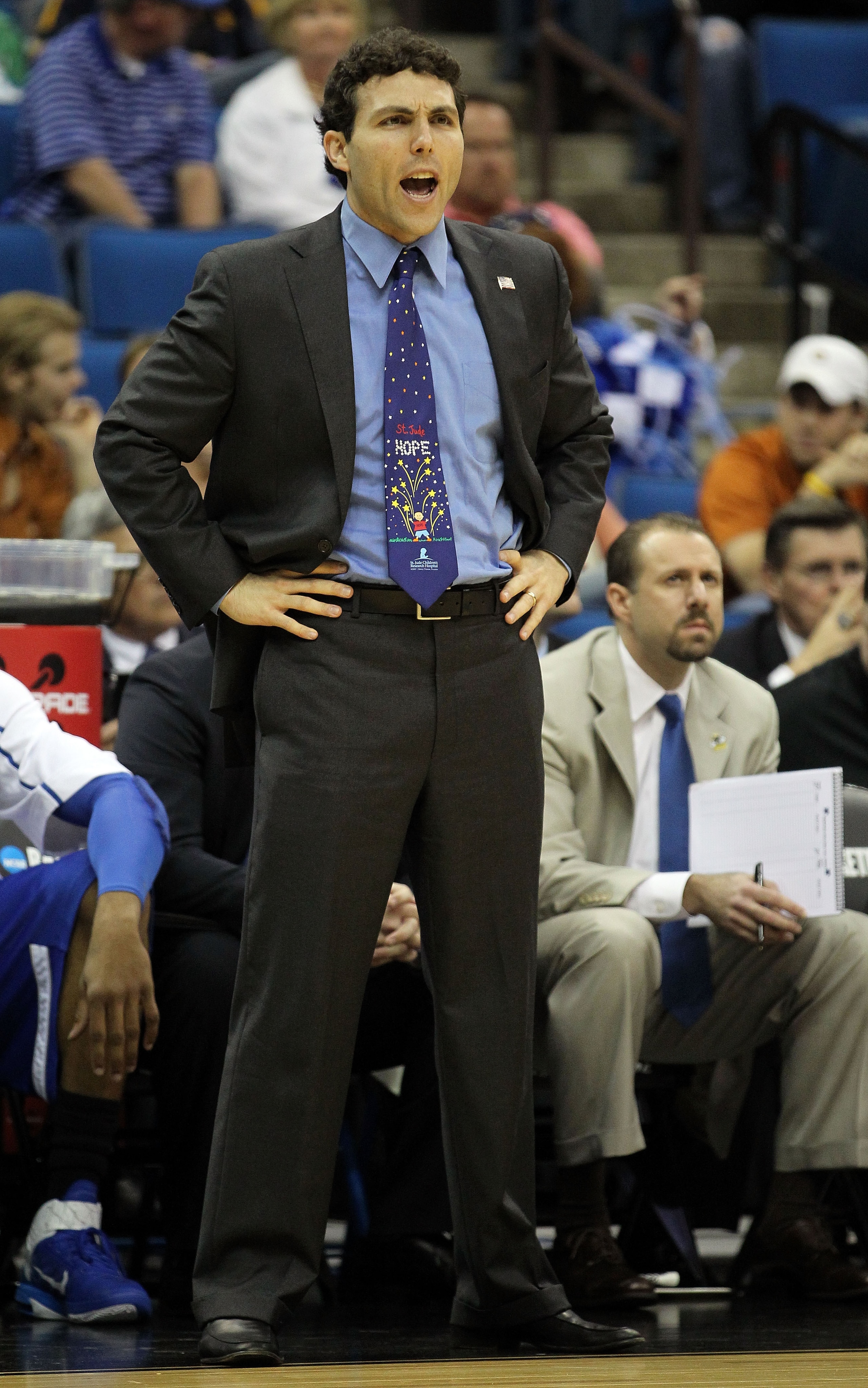 TULSA, OK - MARCH 18:  Head coach Josh Pastner of the Memphis Tigers yells from the sidelines during the second round game against the Arizona Wildcats in the 2011 NCAA men's basketball tournament at BOK Center on March 18, 2011 in Tulsa, Oklahoma.  (Phot
