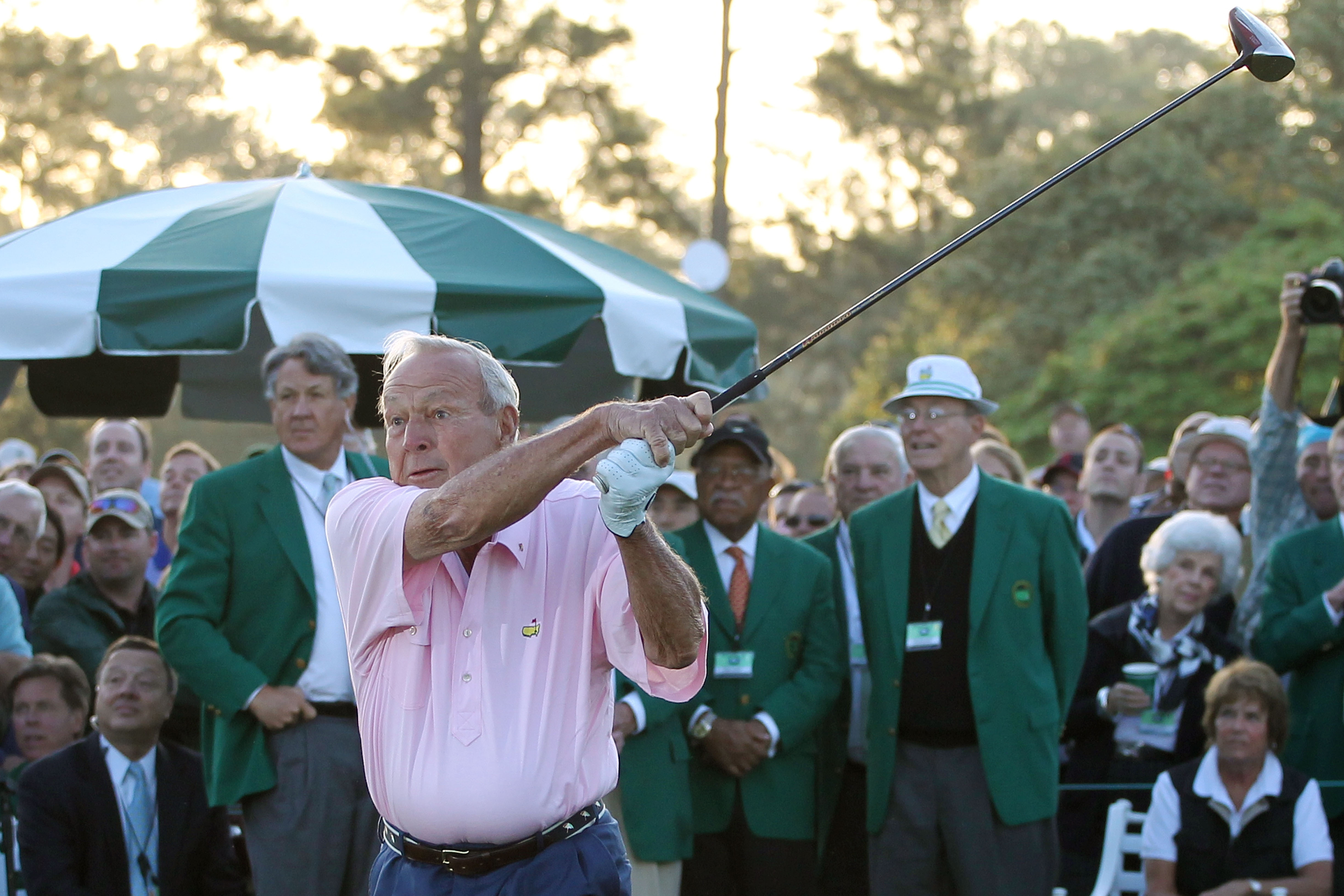 AUGUSTA, GA - APRIL 08:  Honorary starter Arnold Palmer hits his tee shot on the first hole during the first round of the 2010 Masters Tournament at Augusta National Golf Club on April 8, 2010 in Augusta, Georgia.  (Photo by Jamie Squire/Getty Images)