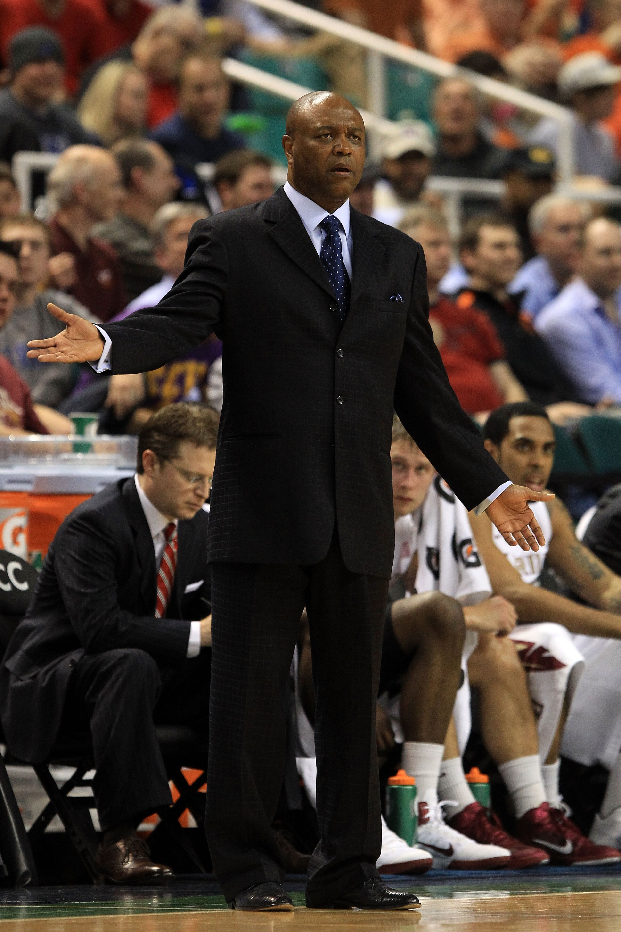 GREENSBORO, NC - MARCH 11:  Head coach Leonard Hamilton of the Florida State Seminoles reacts while playing against Virginia the Tech Hokies  during the first half in the quarterfinals of the 2011 ACC men's basketball tournament at the Greensboro Coliseum