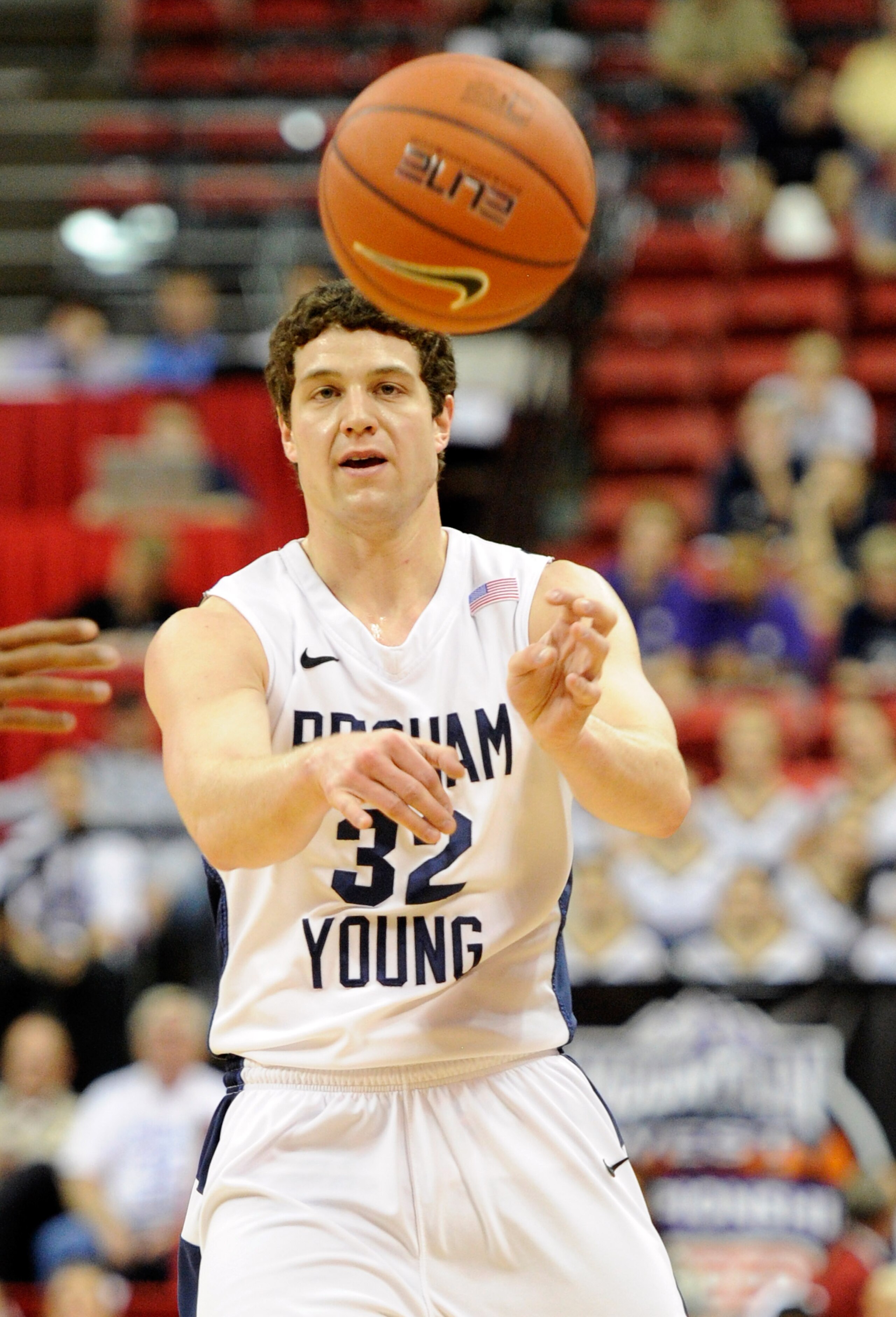 LAS VEGAS, NV - MARCH 10:  Jimmer Fredette #32 of the Brigham Young University Cougars passes the ball against the Texas Christian University Horned Frogs during a quarterfinal game of the Conoco Mountain West Conference Basketball tournament at the Thoma