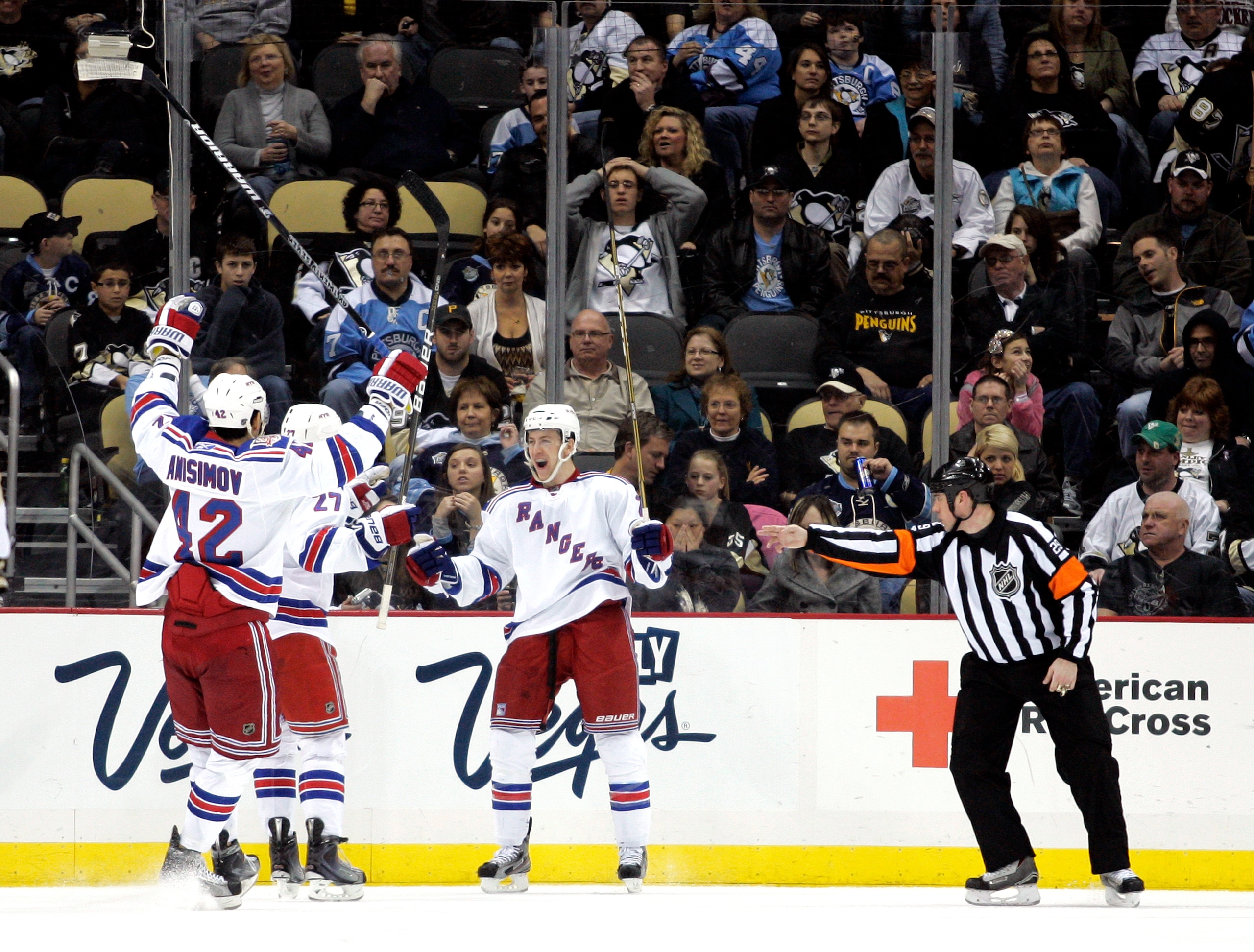PITTSBURGH, PA - MARCH 20:  Derek Stepan #21 of the New York Rangers celebrates his third period goal against the Pittsburgh Penguins at Consol Energy Center on March 20, 2011 in Pittsburgh, Pennsylvania.  The Rangers defeated the Penguins 5-2.  (Photo by