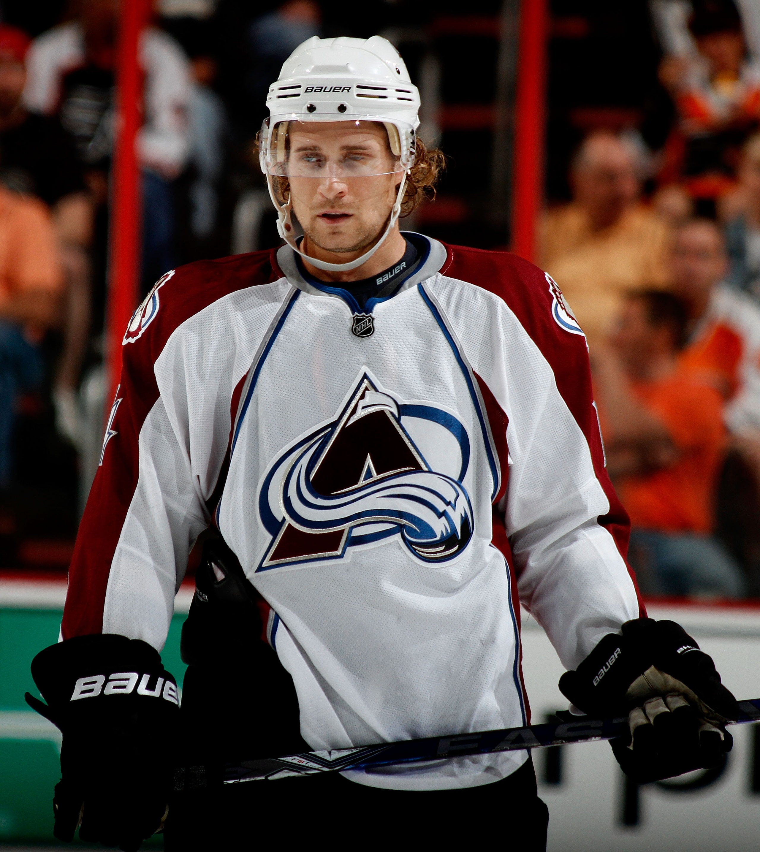 PHILADELPHIA - OCTOBER 11:  John-Michael Liles #4 of the Colorado Avalanche waits for a faceoff against the Philadelphia Flyers at the Wells Fargo Center on October 11, 2010 in Philadelphia, Pennsylvania.  (Photo by Paul Bereswill/Getty Images)