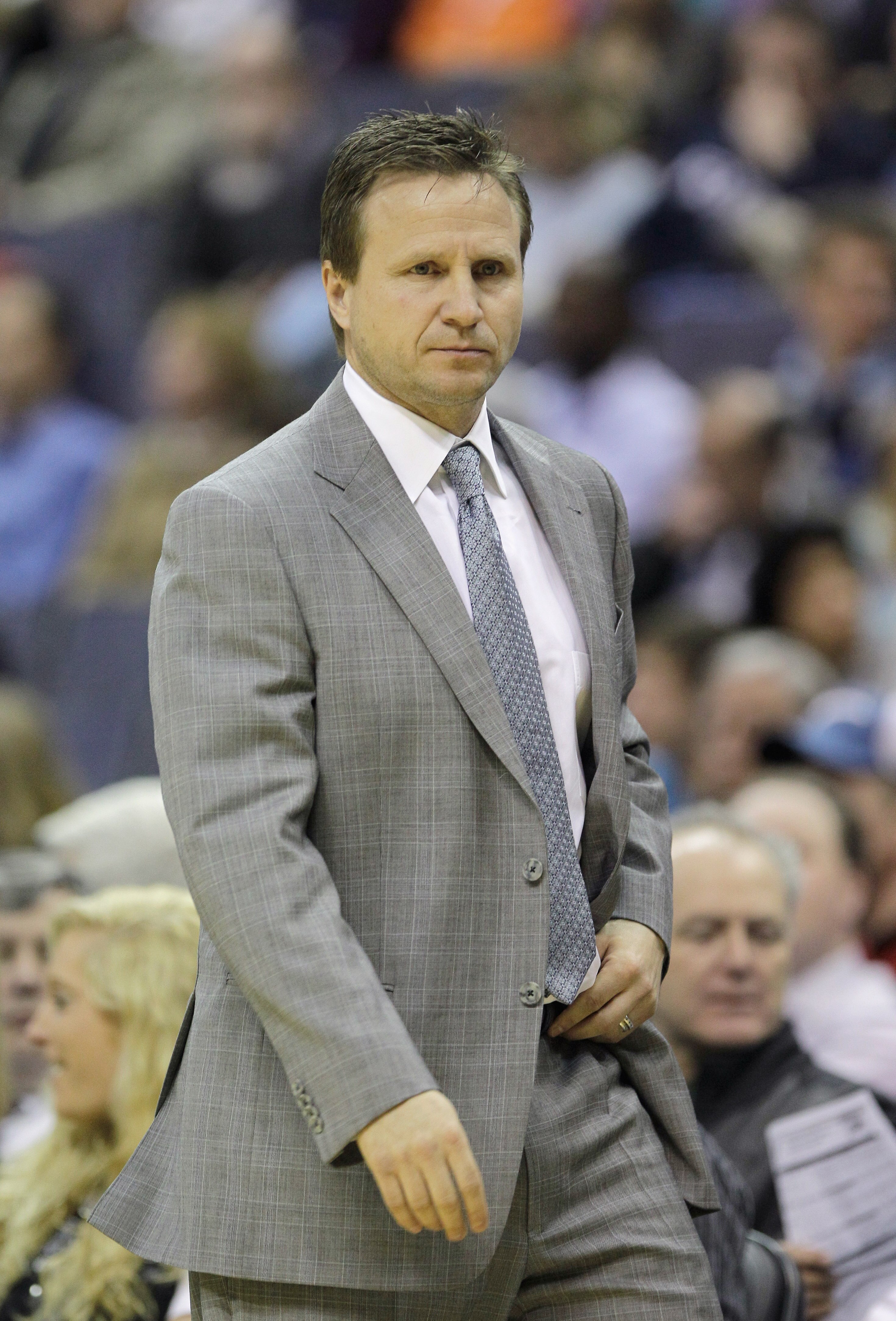 WASHINGTON, DC - MARCH 14:  Scott Brooks head coach of the Oklahoma City Thunder looks on from the sideline against the Washington Wizards during the first half at the Verizon Center on March 14, 2011 in Washington, DC. NOTE TO USER: User expressly acknow