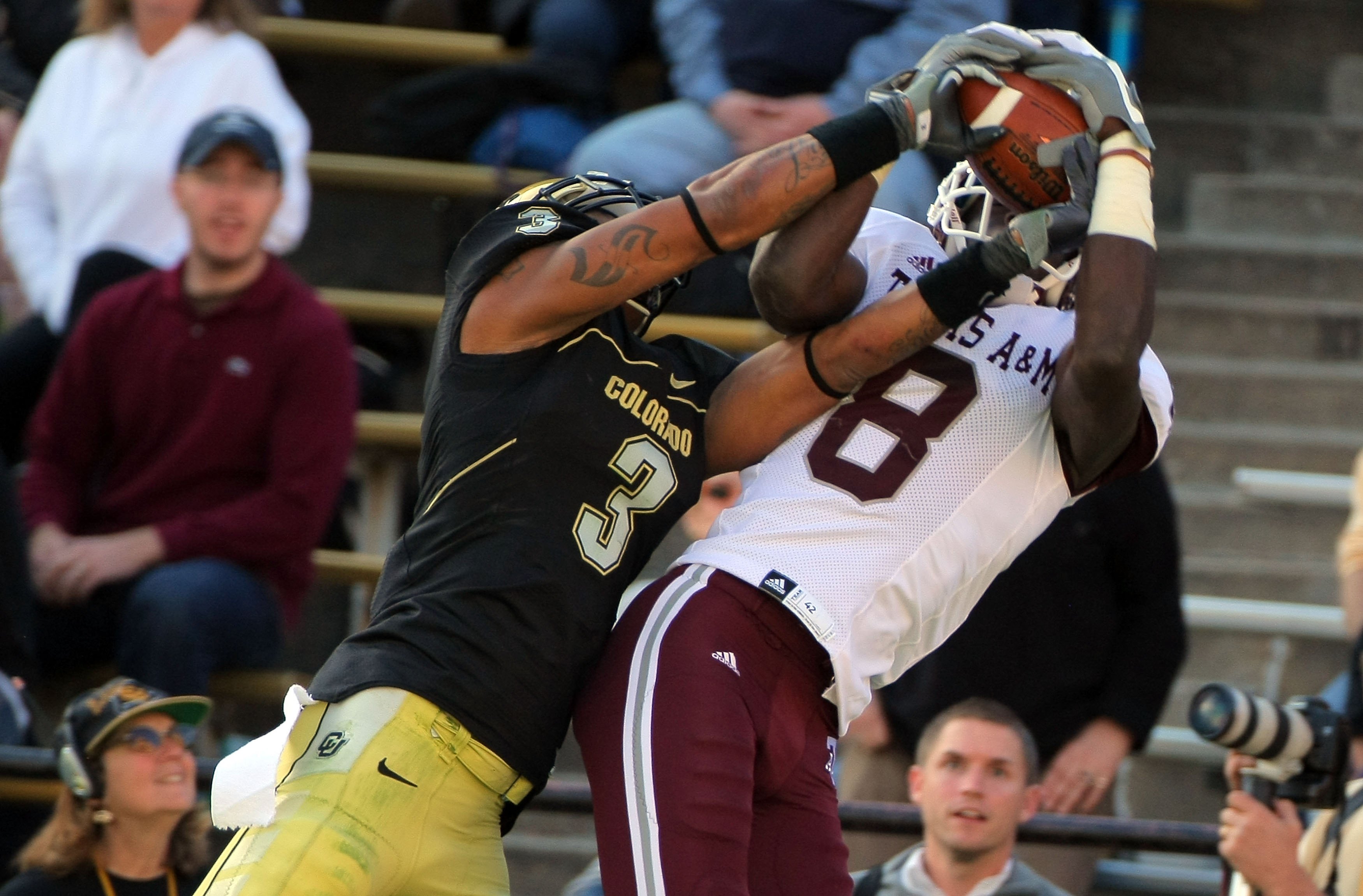 BOULDER, CO - NOVEMBER 07: Wide receiver Jeff Fuller #8 of the Texas A&M Aggies makes a reception against the defense of Jimmy Smith #3 of the Colorado Buffaloes during NCAA college football action at Folsom Field on November 7, 2009 in Boulder, Colorado BOULDER, CO - NOVEMBER 07: Wide receiver Jeff Fuller #8 of the Texas A&M Aggies makes a reception against the defense of Jimmy Smith #3 of the Colorado Buffaloes during NCAA college football action at Folsom Field on November 7, 2009 in Boulder, Colorado