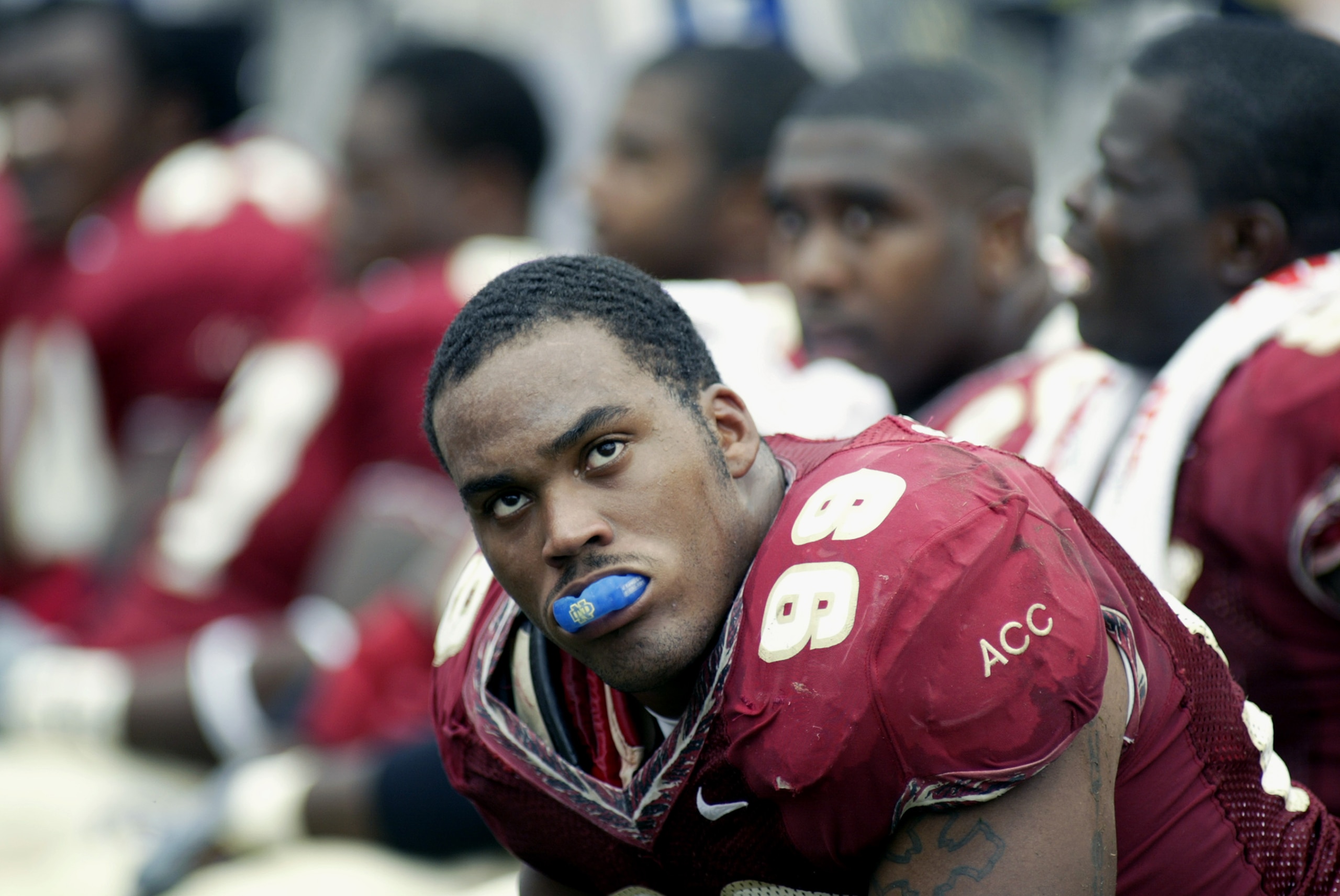 TALLAHASSEE, FL - OCTOBER 26: Defender Travis Johnson #99 of Florida State watches as time winds down during the game against Notre Dame on October 26, 2002 at Doak Campbell Stadium in Tallahassee, Florida. Notre Dame defeated Florida State 34-24. (Pho TALLAHASSEE, FL - OCTOBER 26: Defender Travis Johnson #99 of Florida State watches as time winds down during the game against Notre Dame on October 26, 2002 at Doak Campbell Stadium in Tallahassee, Florida. Notre Dame defeated Florida State 34-24. (Pho