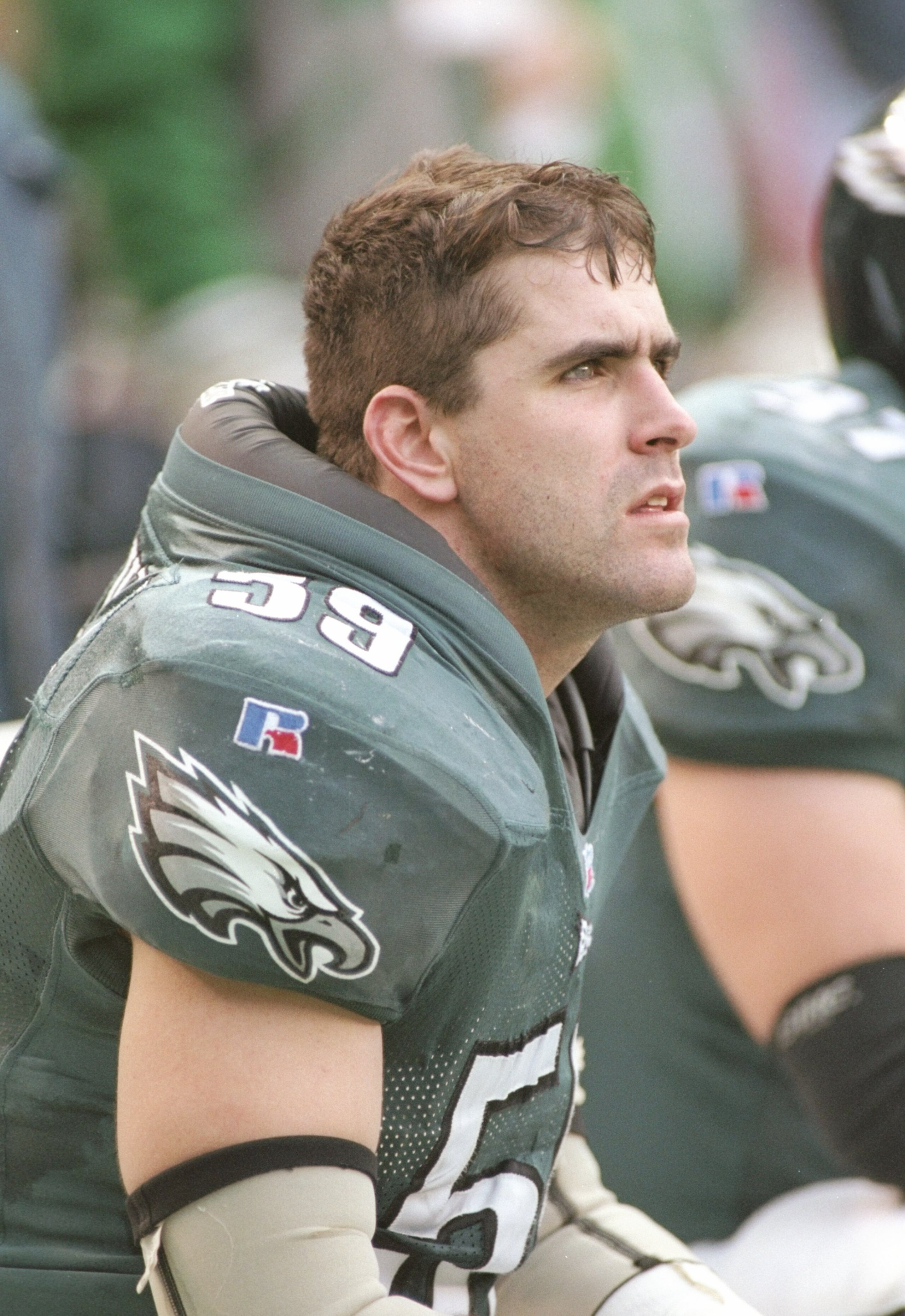 10 Nov 1996:  Linebacker Mike Mamula of the Philadelphia Eagles sits on the sidelines during a game against the Bufffalo Bills at Veterans Stadium in Philadelphia, Pennsylvania.  The Bills won the game 24-17. Mandatory Credit: Rick Stewart  /Allsport