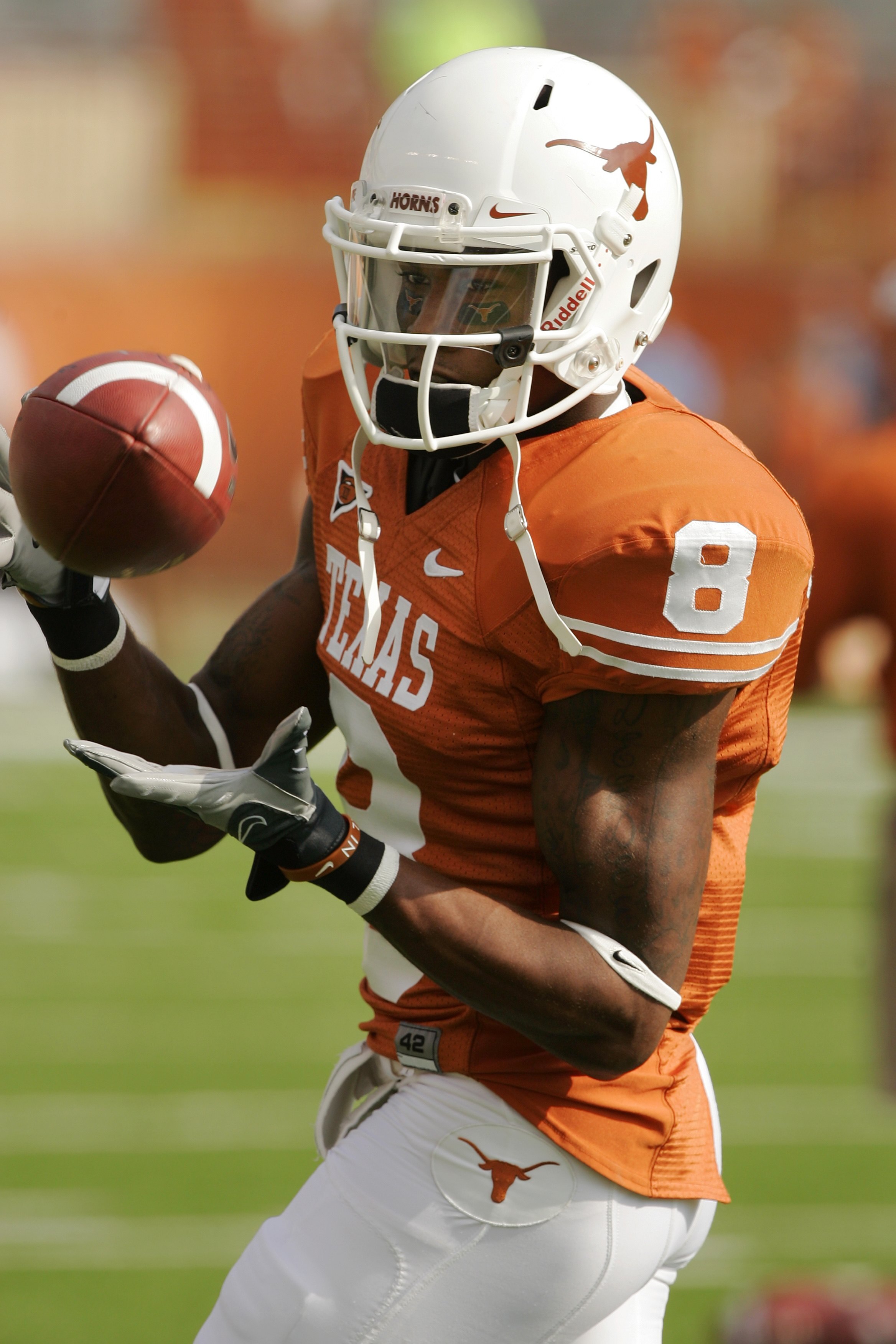 AUSTIN, TX - NOVEMBER 07:  Cornerback Chykie Brown #8 of the Texas Longhorns practices before a game against the UCF Knights on November 7, 2009 at Darrell K Royal - Texas Memorial Stadium in Austin, Texas.  Texas won 35-3.  (Photo by Brian Bahr/Getty Ima