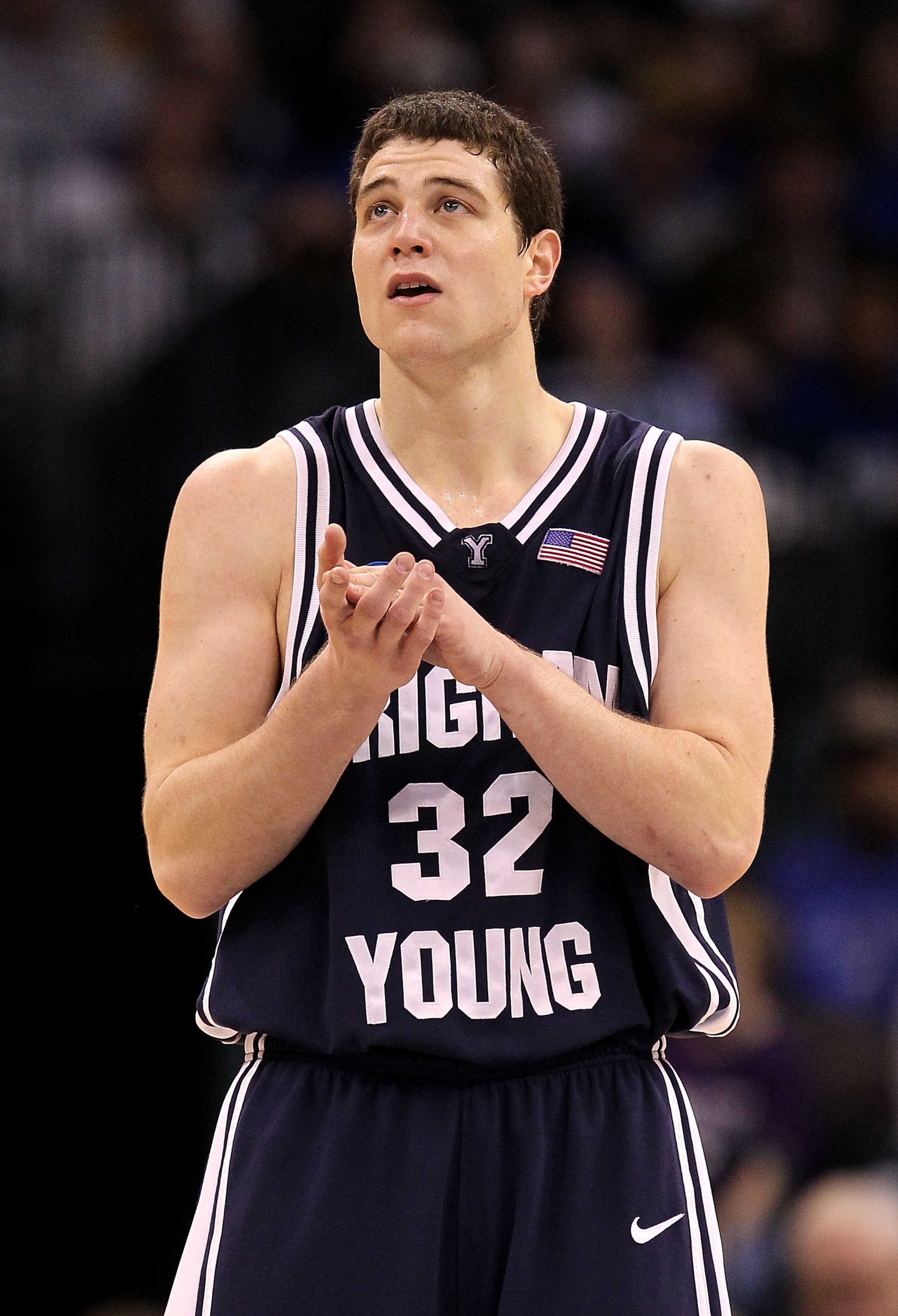 OKLAHOMA CITY - MARCH 20:  Jimmer Fredette #32 of the Brigham Young Cougars looks on against the Kansas State Wildcats during the second round of the 2010 NCAA men's basketball tournament at Ford Center on March 20, 2010 in Oklahoma City, Oklahoma.  (Phot